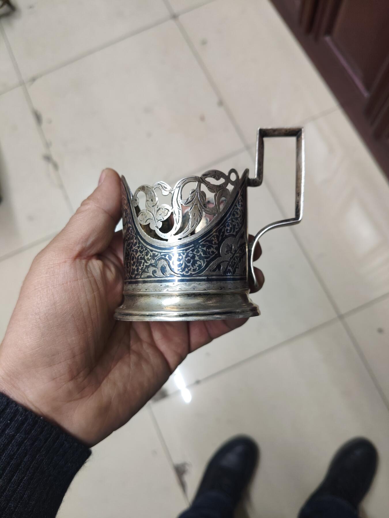 老银件 苏联镶嵌乌银工艺老银制杯托