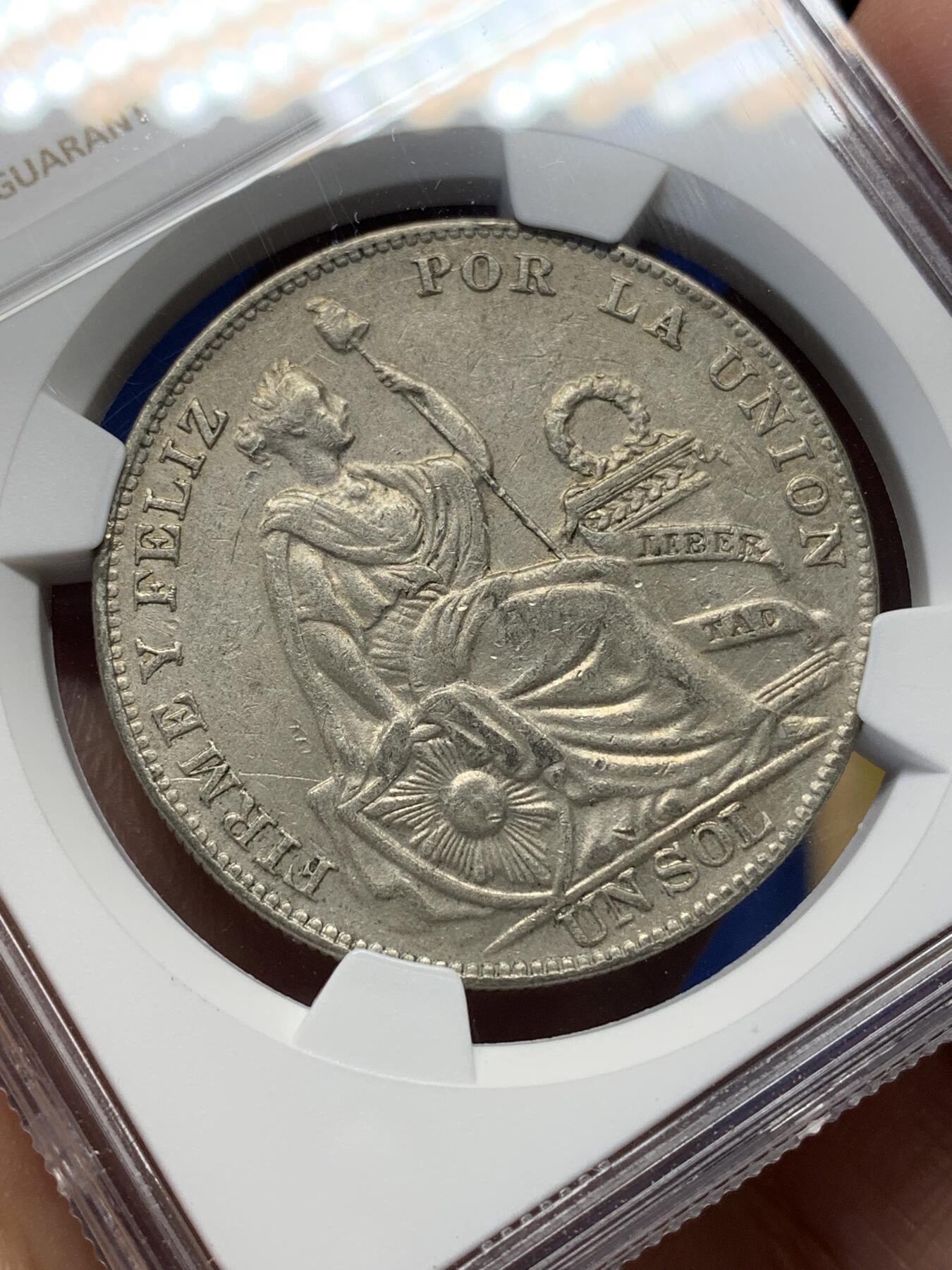 《竞宝斋》第444场 周日，周一，2场连拍 （全场包邮） NGC AU 秘鲁 1934年 1索尔 女神 银币