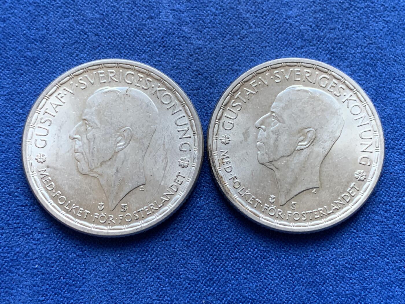 《竞宝斋》第444场 周日，周一，2场连拍 （全场包邮） 两枚一组 瑞典1950年古斯塔夫五世2克朗银币 UNC品相 400银 每枚14g