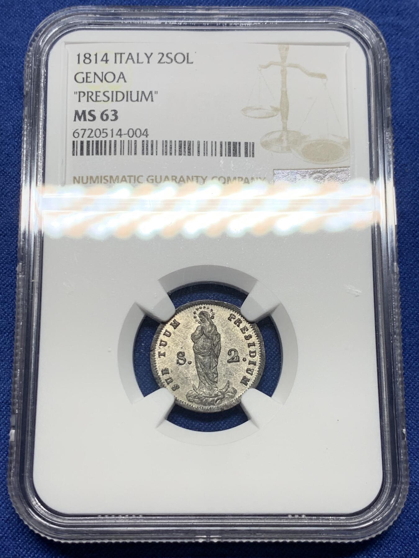 《竞宝斋》第444场 周日，周一，2场连拍 （全场包邮） NGC MS63 意大利热那亚 1814年 2索尔银币 正面圣母图案 背面热那亚徽章 细节极美包浆好 稀缺品种