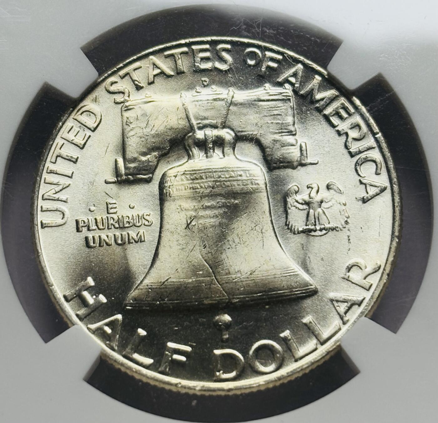 文馨钱币收藏第 283 场，【大雪鉴珍，寒英缀金】金银纪念币精品场，诚邀您的参与【长期接代拍品】 1959 年美国富兰克林半美元银币 D 版 NGC 评级 MS63 分，卷拆品相，转光耀眼，63 分实属低评了