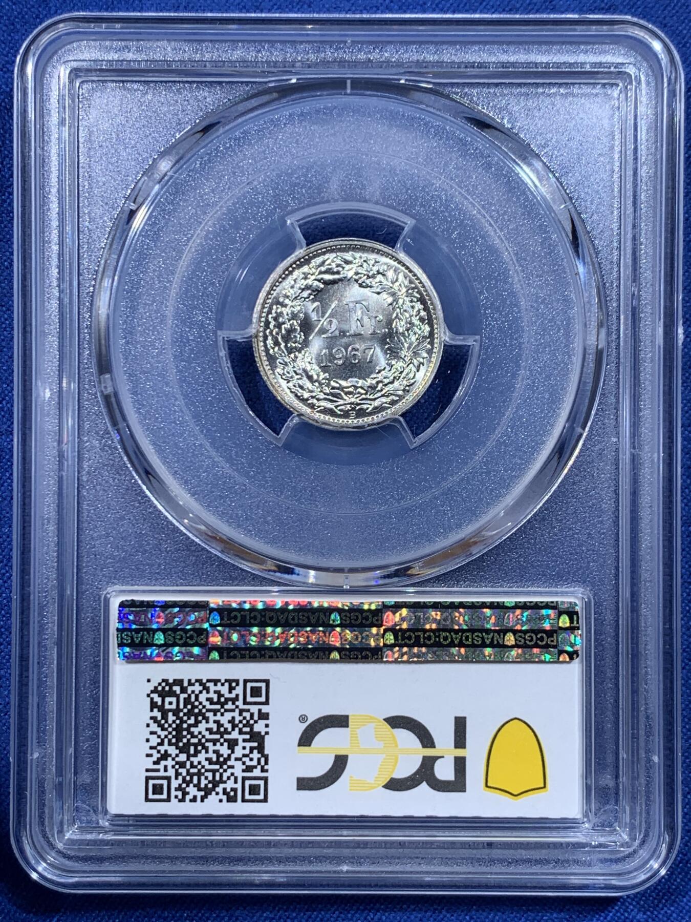 《竞宝斋》第444场 周日，周一，2场连拍 （全场包邮） PCGS MS67 瑞士 1967年 1/2法郎 银币 关门币 高分收藏级