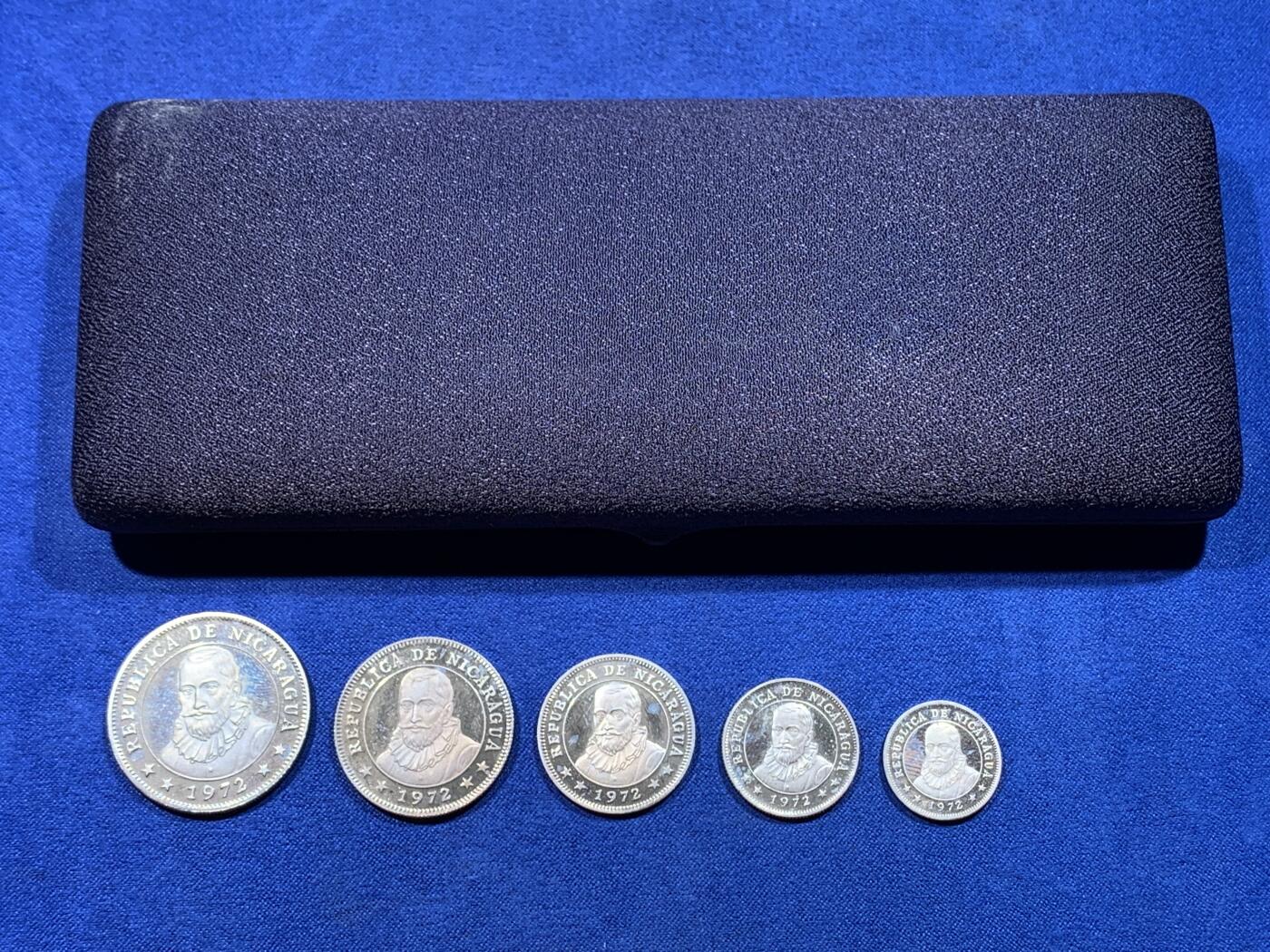 《竞宝斋》第444场 周日，周一，2场连拍 （全场包邮） 五枚一组 尼加拉瓜1972年精制镍币 带盒