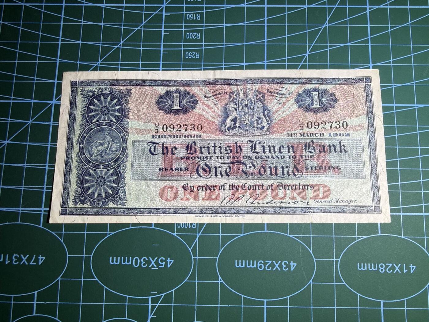 【炜奕收藏】，第五十二期 1962年苏格兰亚麻银行1镑，品相如图