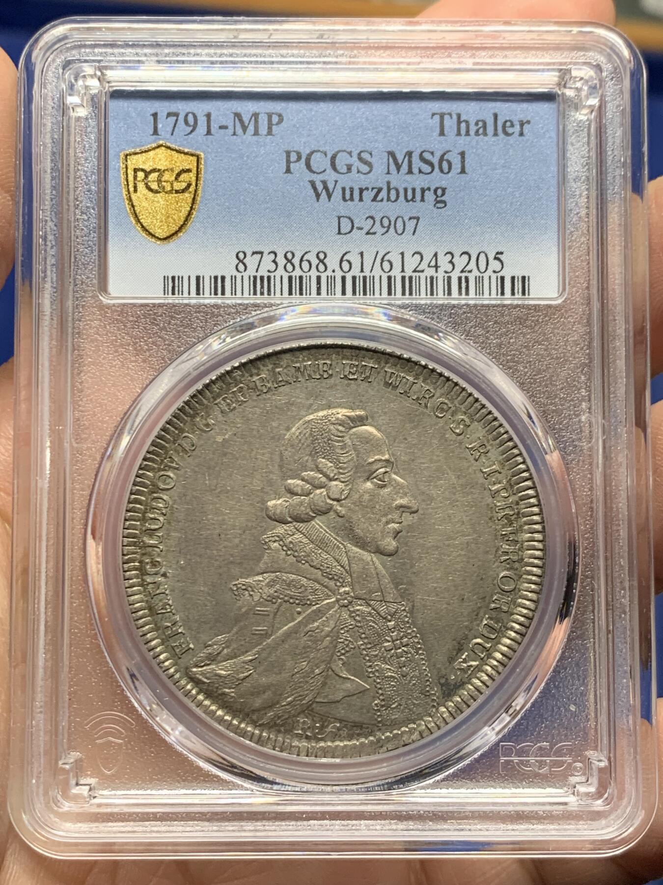 《竞宝斋》第444场 周日，周一，2场连拍 （全场包邮） PCGS MS61 维尔茨堡主教区 1791年 泰勒大银币 包浆自然 小天使鼻尖清晰 更高分只有3枚 确实不易