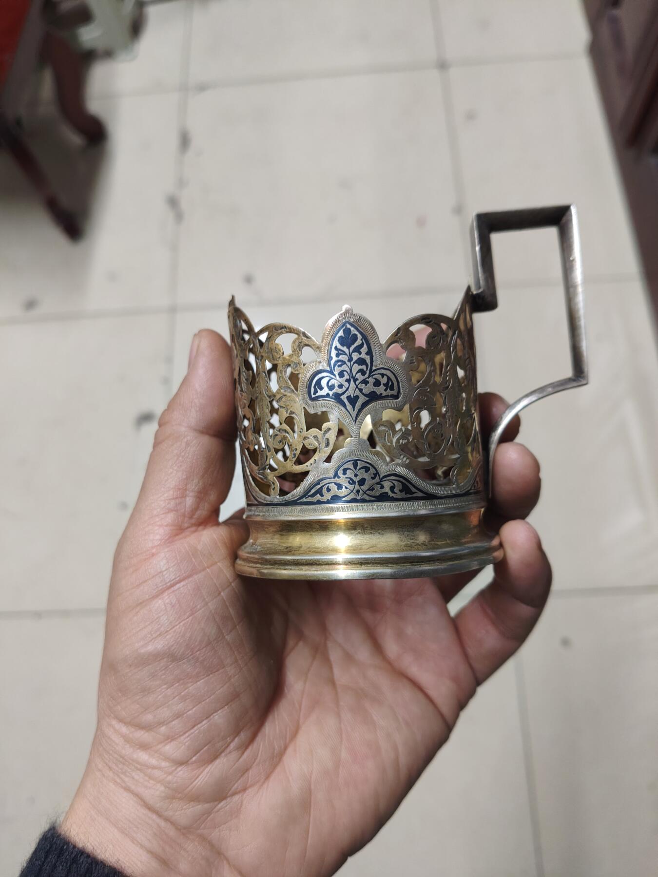 老银件 苏联乌银镶嵌老银制杯托
