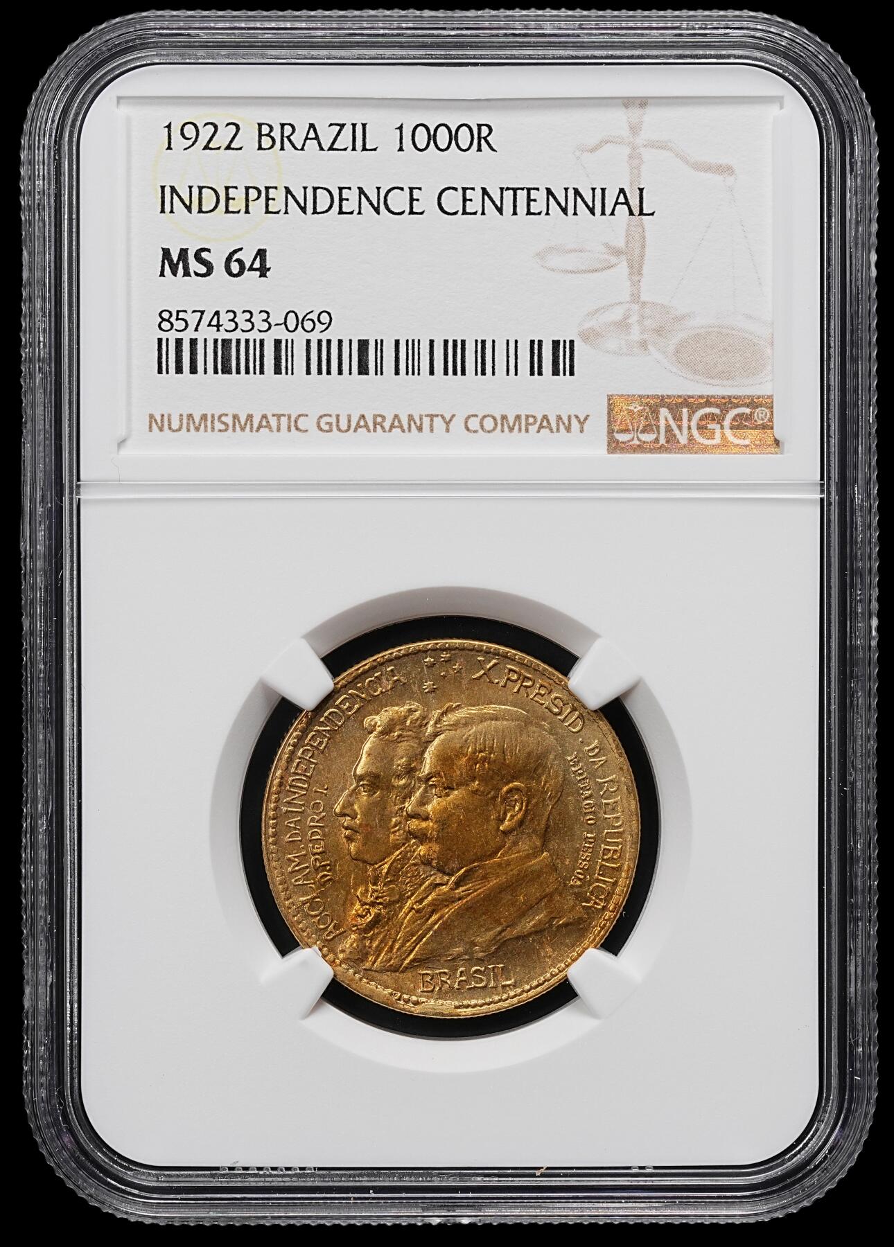 修遠堂世界钱币第九十六期 NGC MS64 1922年巴西独立100周年纪念1000 REIS