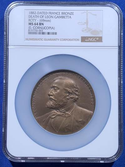 《竞宝斋》第444场 周日，周一，2场连拍 （全场包邮） - NGC MS64BN 法国1882甘必大逝世纪念铜章 69mm 加大加厚盒