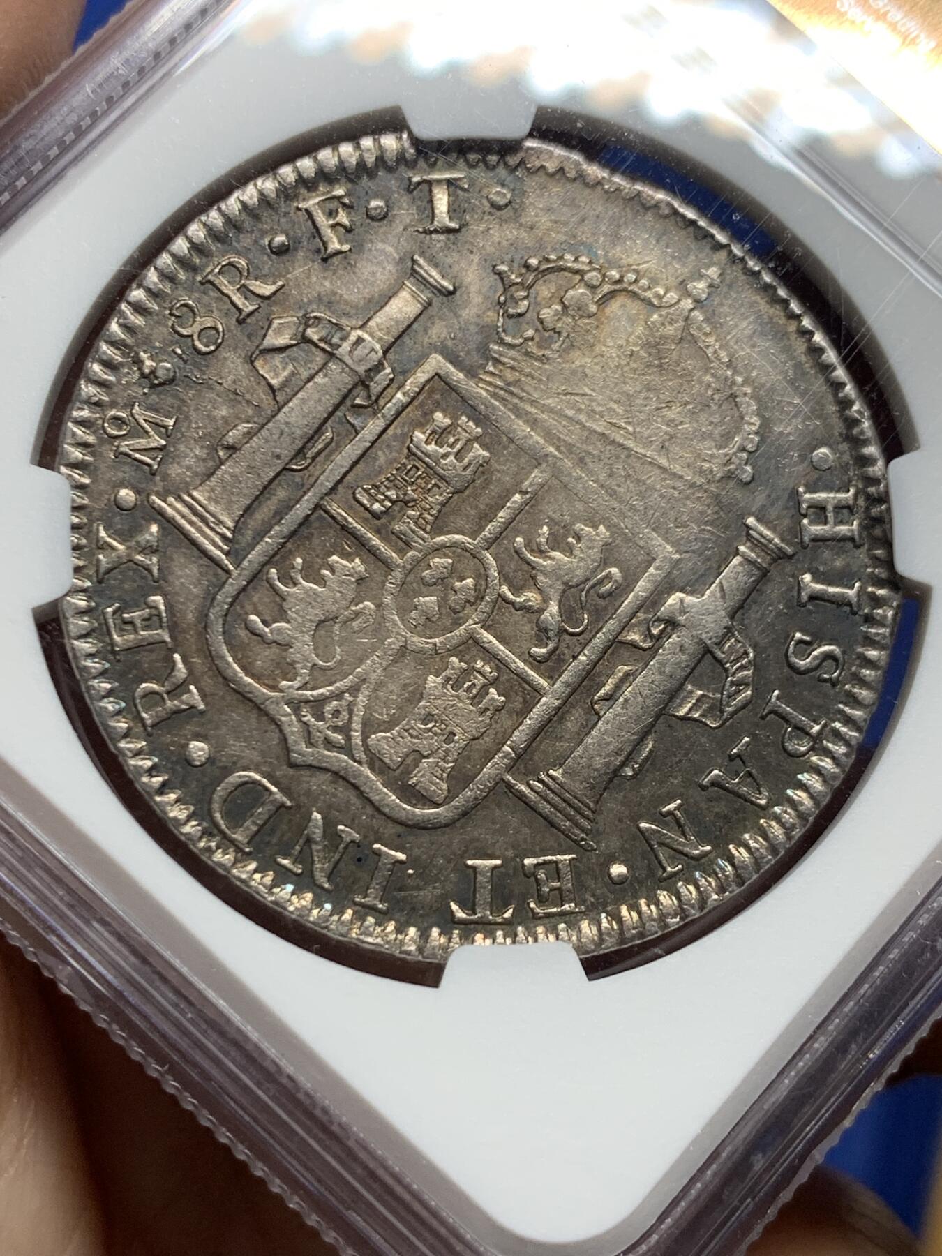 《竞宝斋》第444场 周日，周一，2场连拍 （全场包邮） NGC VFD 墨西哥 1801 MO FT/FM 卡四双柱银币，少见骑字版，彩也漂亮