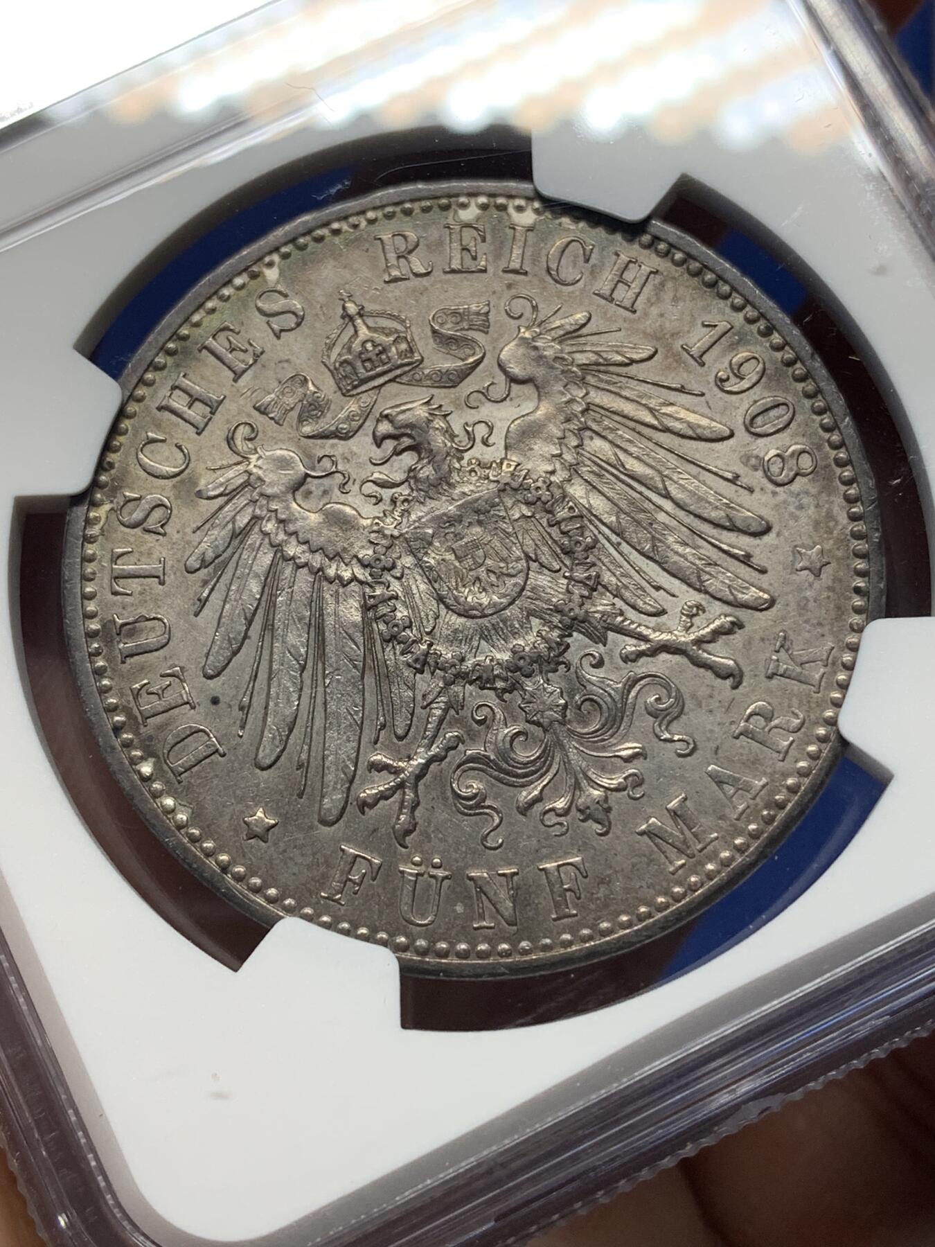 《竞宝斋》第444场 周日，周一，2场连拍 （全场包邮） NGC AUD 德国 1908F 符腾堡威廉二世5马克大银币 双面深包浆