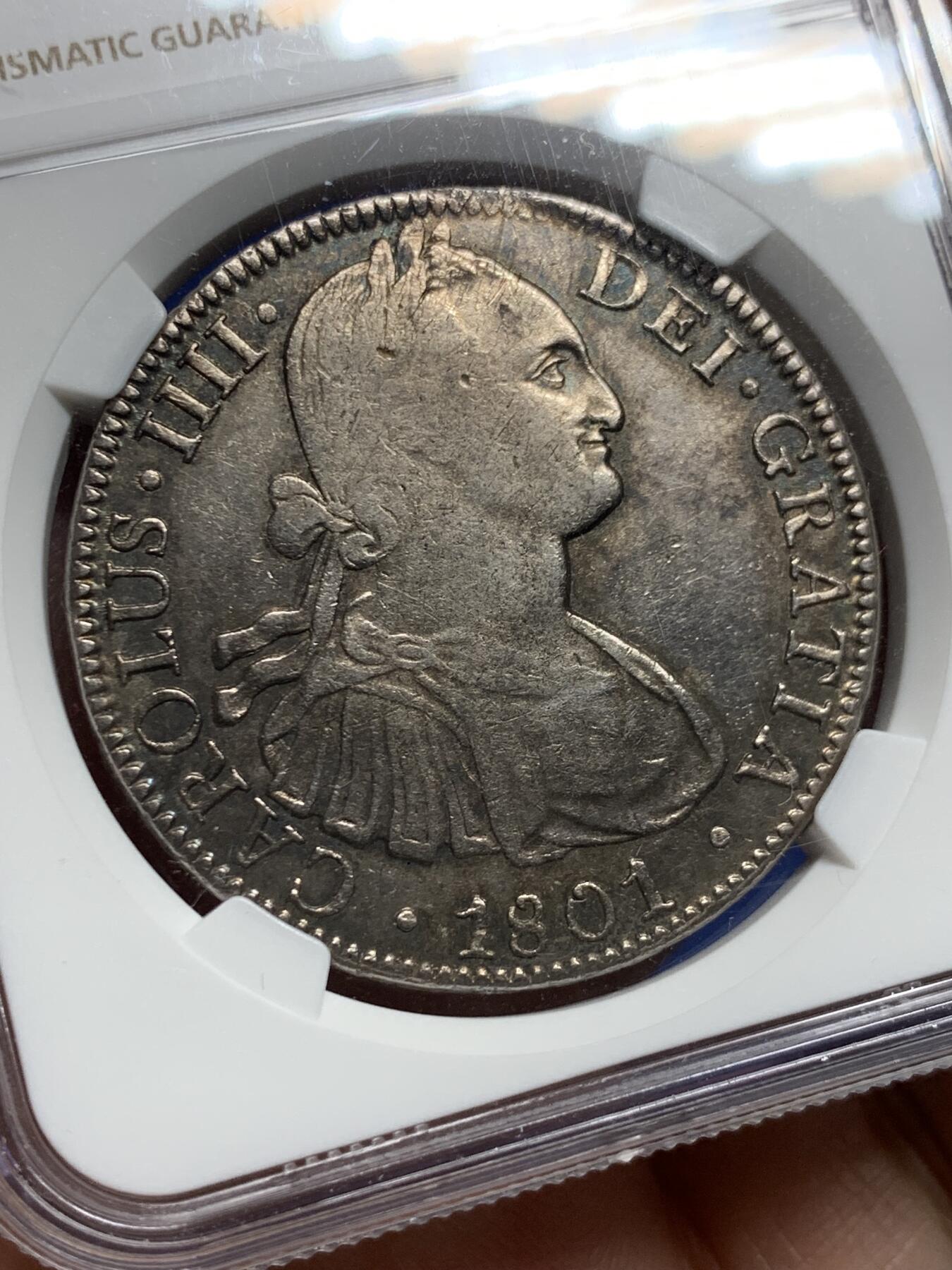 《竞宝斋》第444场 周日，周一，2场连拍 （全场包邮） NGC VFD 墨西哥 1801 MO FT/FM 卡四双柱银币，少见骑字版，彩也漂亮