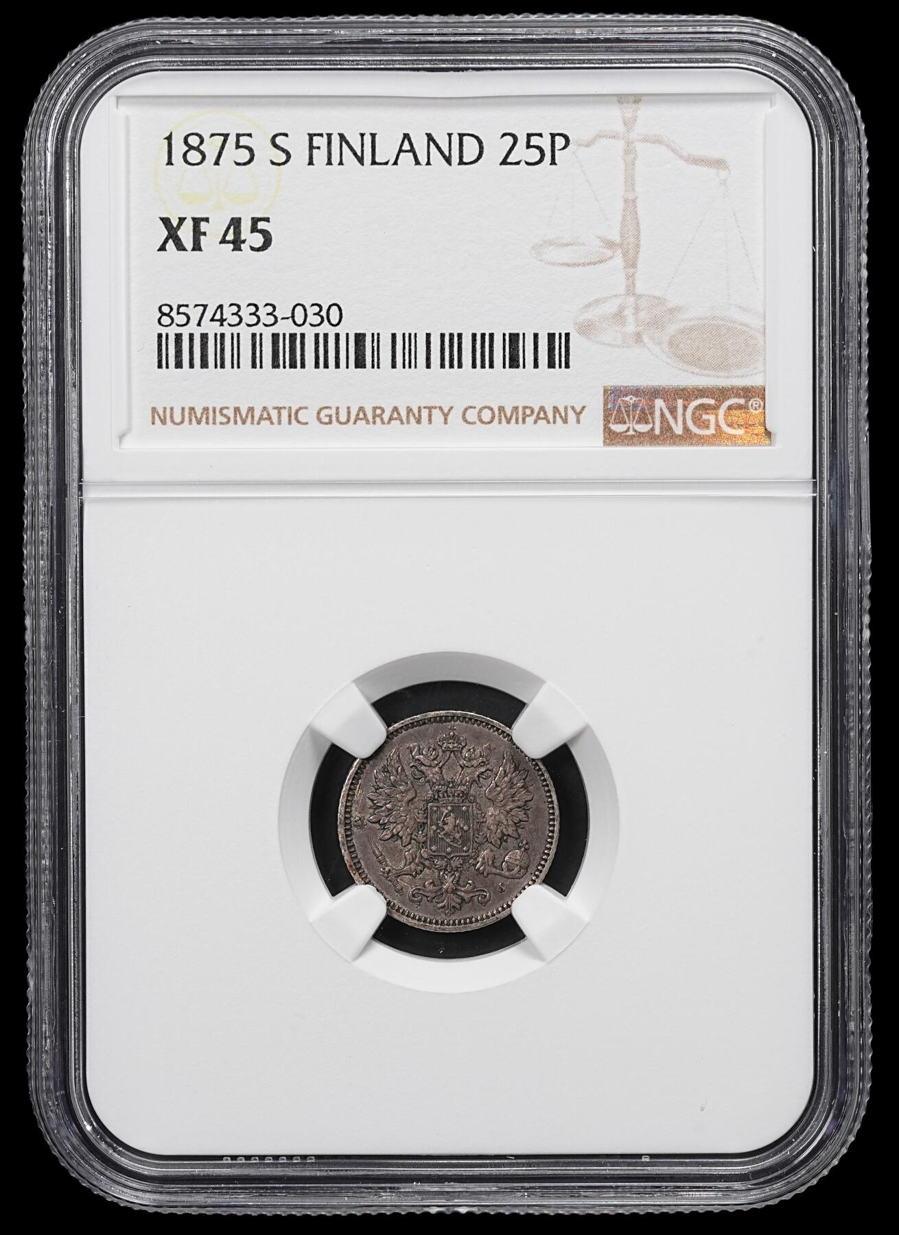 修遠堂世界钱币第九十六期 NGC XF45 1875年芬兰25盆尼银币 少见早期年份