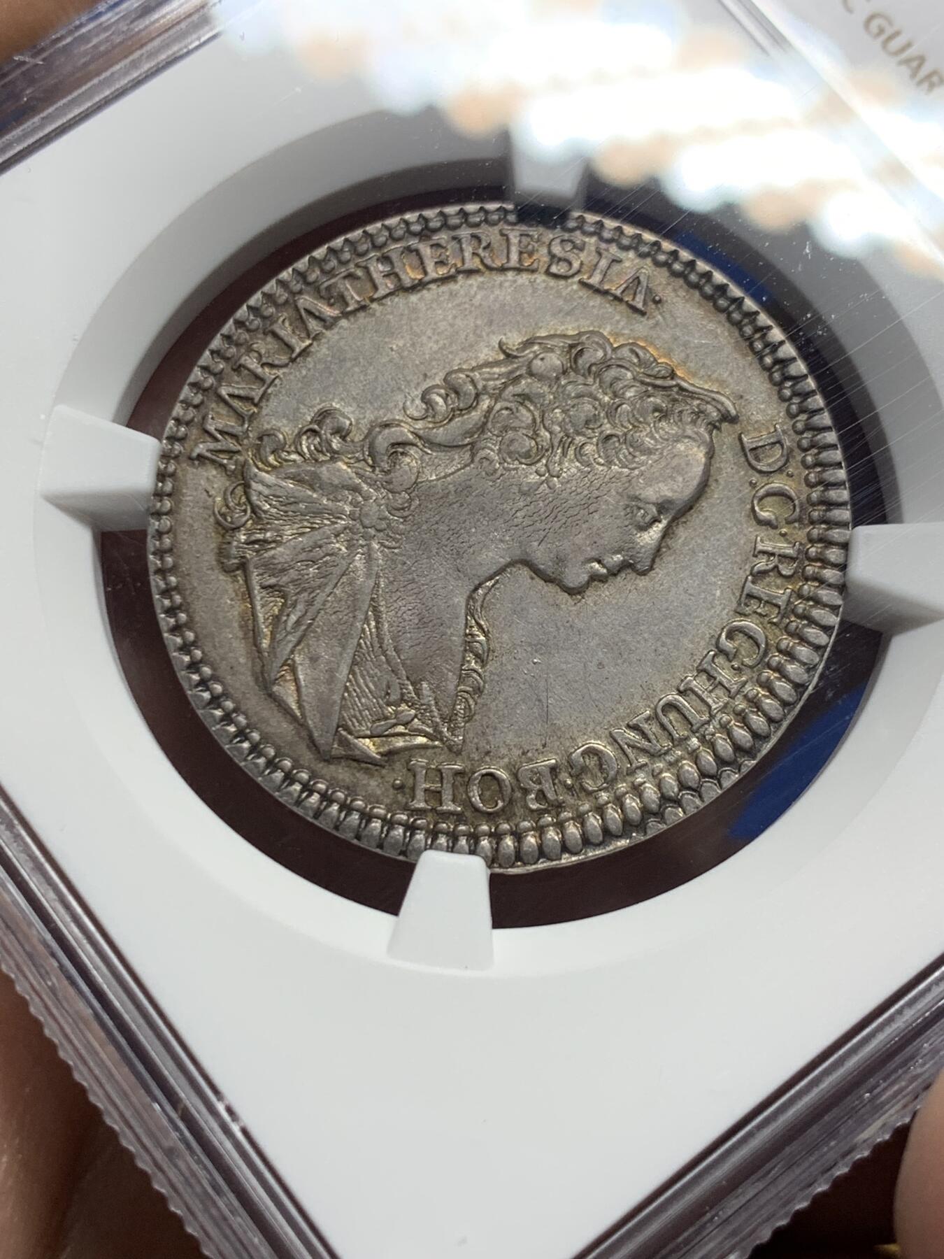 《竞宝斋》第444场 周日，周一，2场连拍 （全场包邮） NGC AU55 神圣罗马帝国1744年特蕾莎女王1/4泰勒银币  季军分，黄油原光包浆，严重低评，稀缺品种