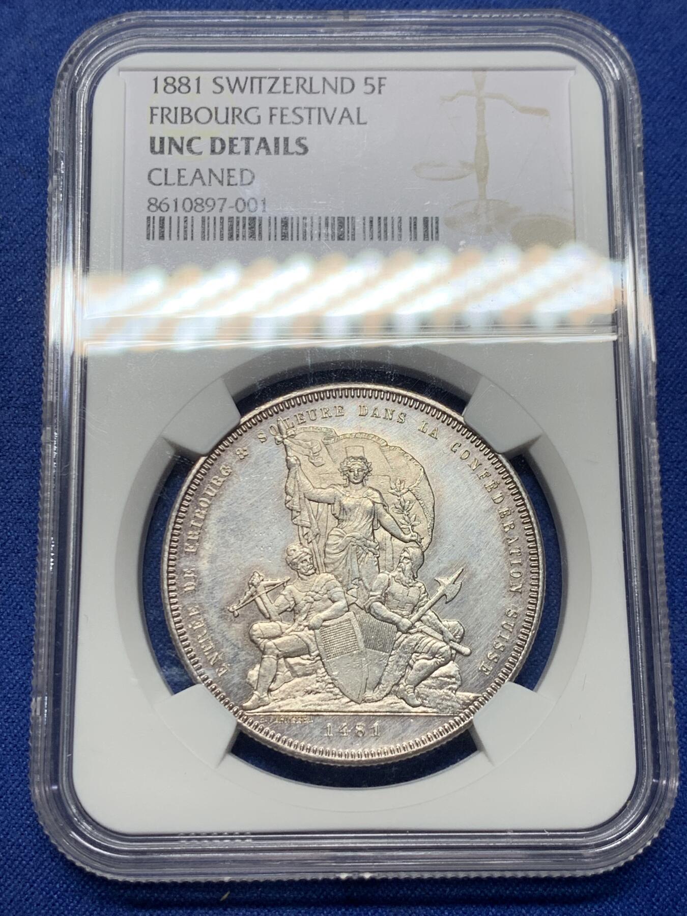 《竞宝斋》第444场 周日，周一，2场连拍 （全场包邮） NGC UNC 1881年瑞士弗莱堡射击节景观5法郎银币，双面PL状态不错。