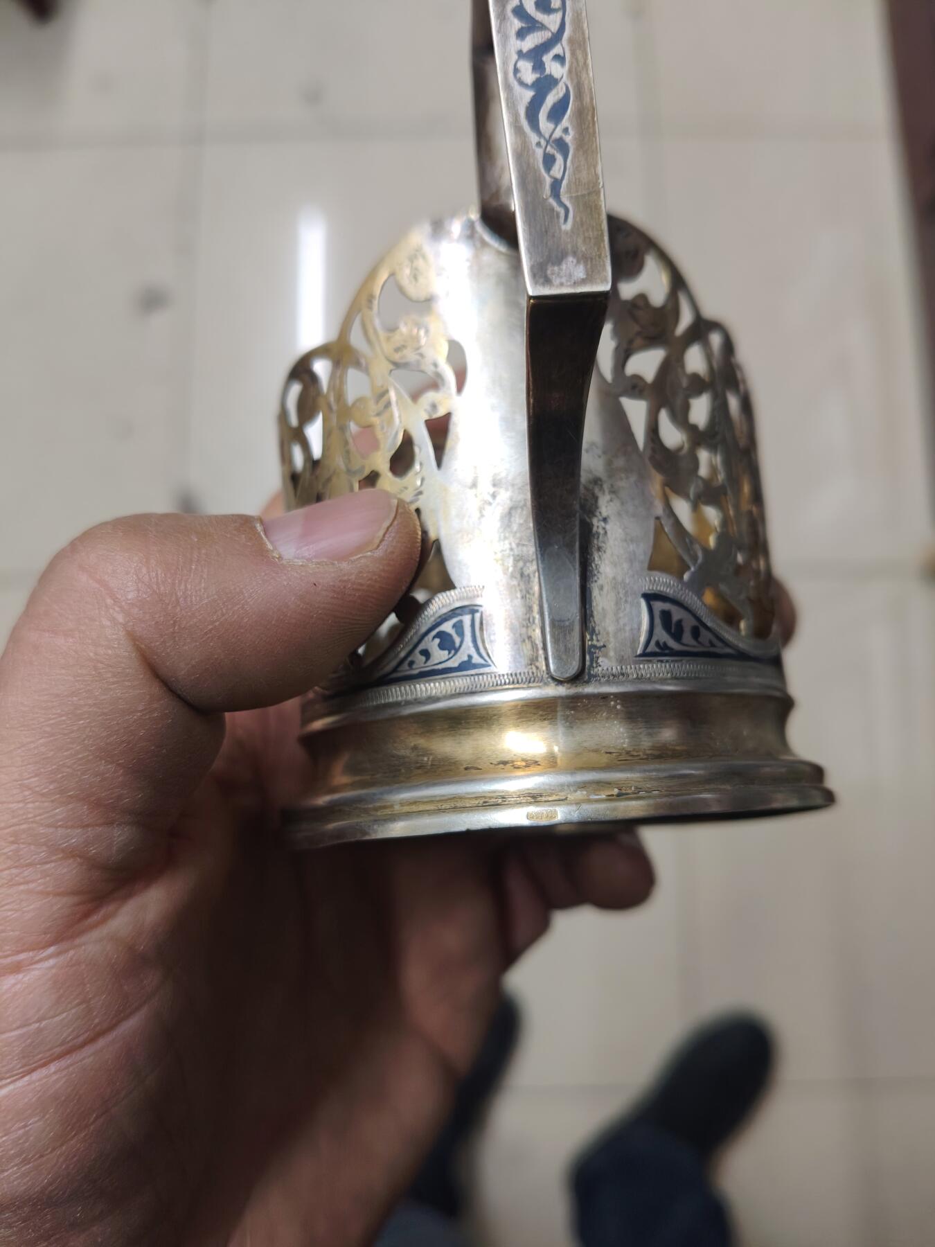 老银件 苏联乌银镶嵌老银制杯托