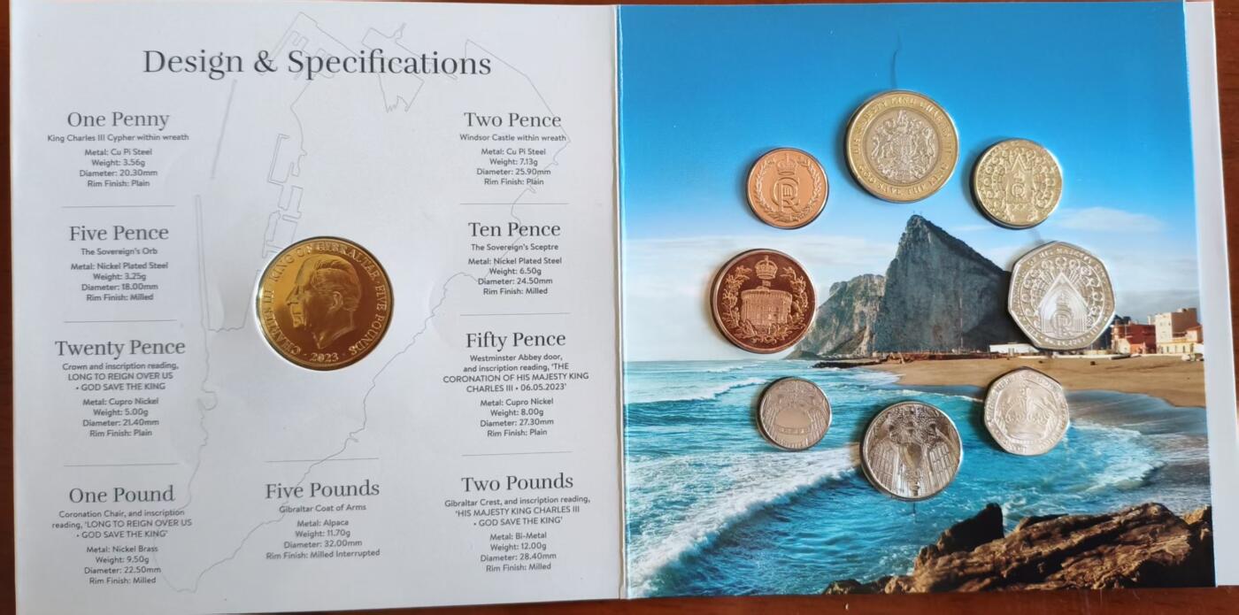 ❤️【币观天下】❤️ 第333期钱币拍卖- 2025.12.5周五晚上6点半场-长期征集拍品 稀少的直布罗陀2023年查尔斯三世头像第一套开门MS套币 1便士到5镑9枚