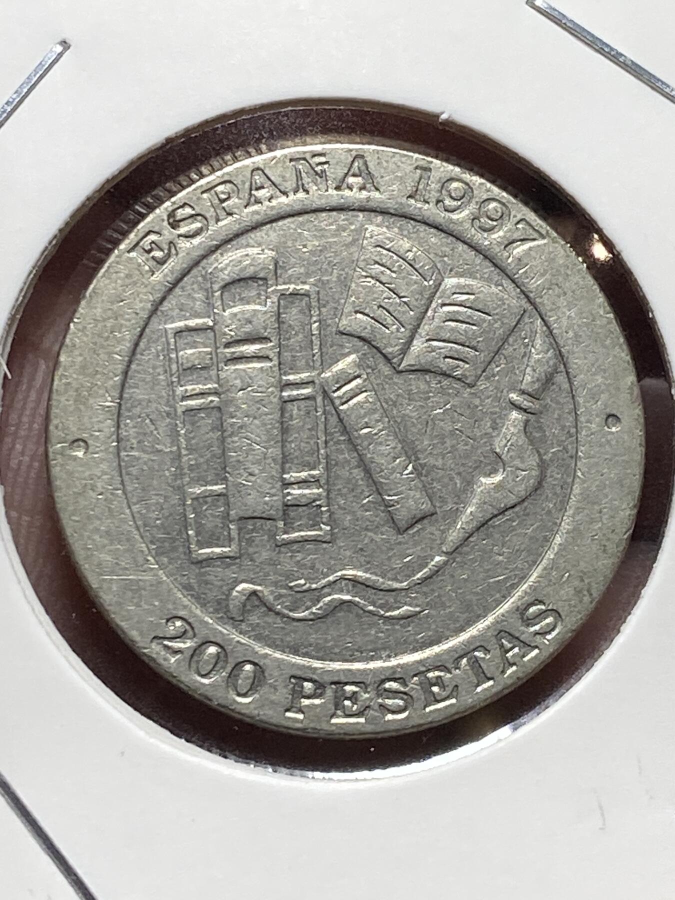 2025年第一百三十三场(总第一百五十九场）外国好品纸夹散币场(免佣金) 少见品种–西班牙🇪🇸1997单年份200比塞塔(1922年诺贝尔文学奖获得者，剧作家哈辛托·贝纳文特纪念币)