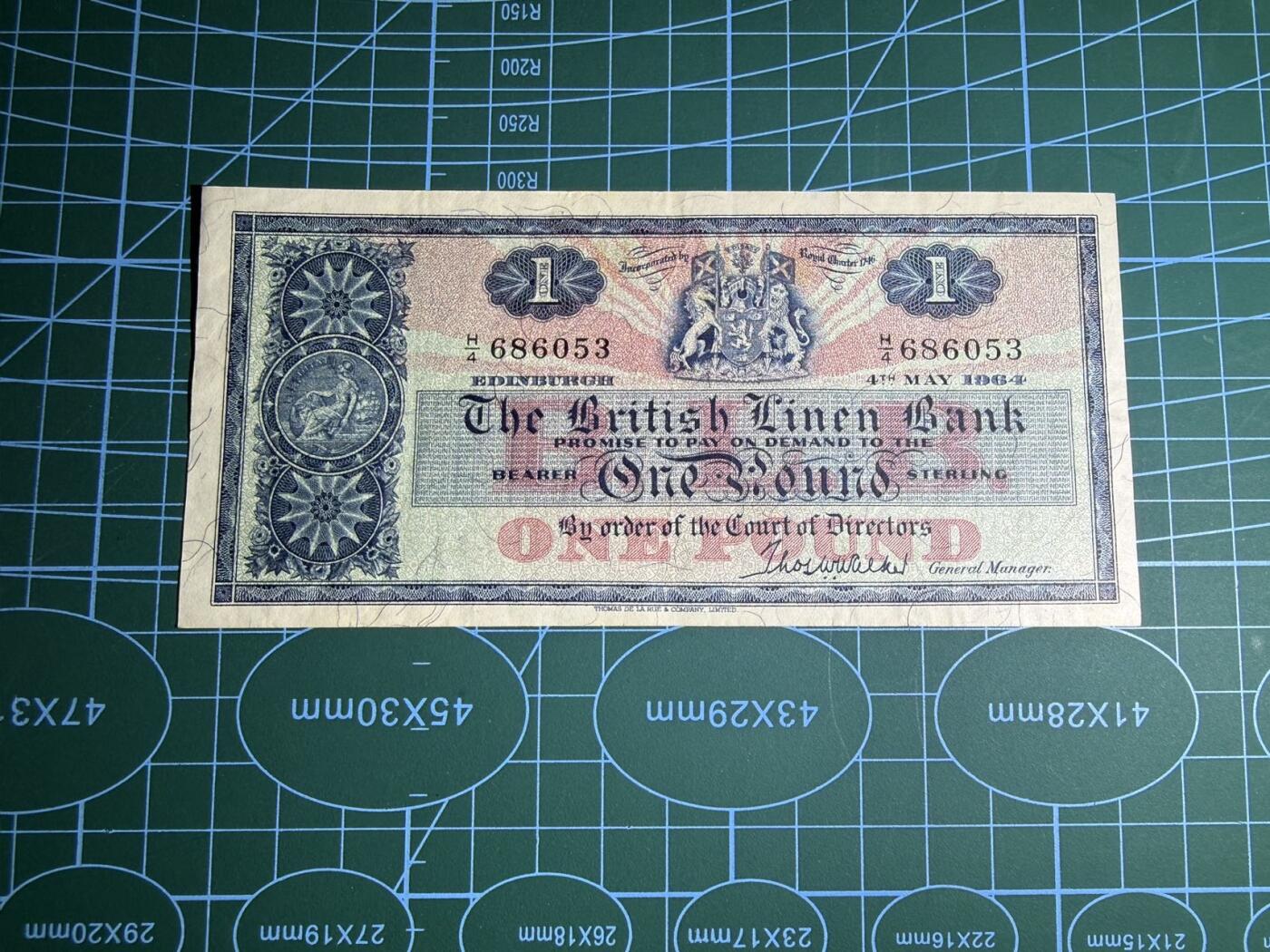【炜奕收藏】，第五十二期 1964年苏格兰亚麻银行1镑，品相如图，号码无47