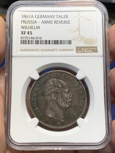 《竞宝斋》第444场 周日，周一，2场连拍 （全场包邮） - NGC XF45 德国1861A普鲁士威廉四世1泰勒离冠鹰银币 正面醇黑包浆