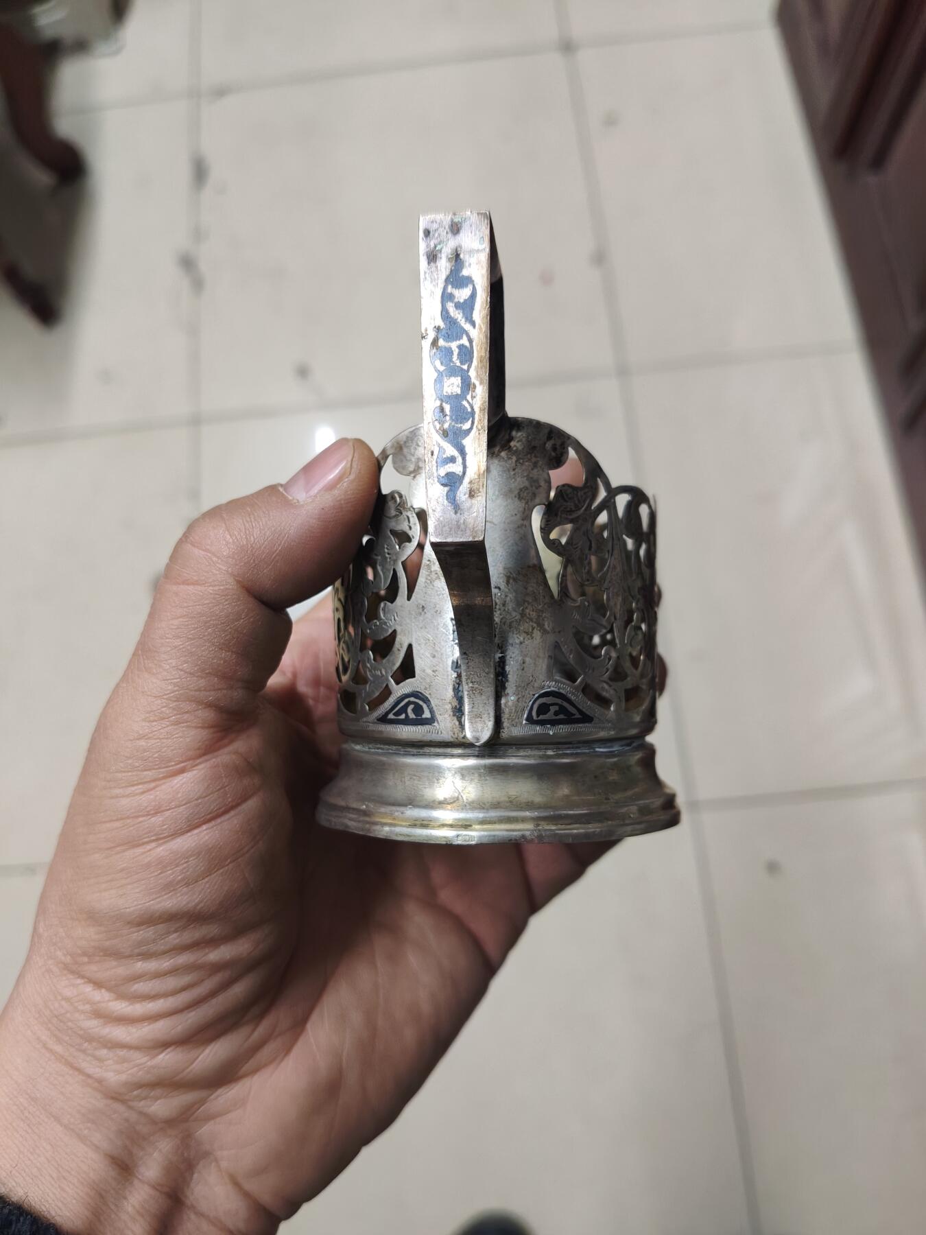 老银件 苏联乌银镶嵌老银制杯托5