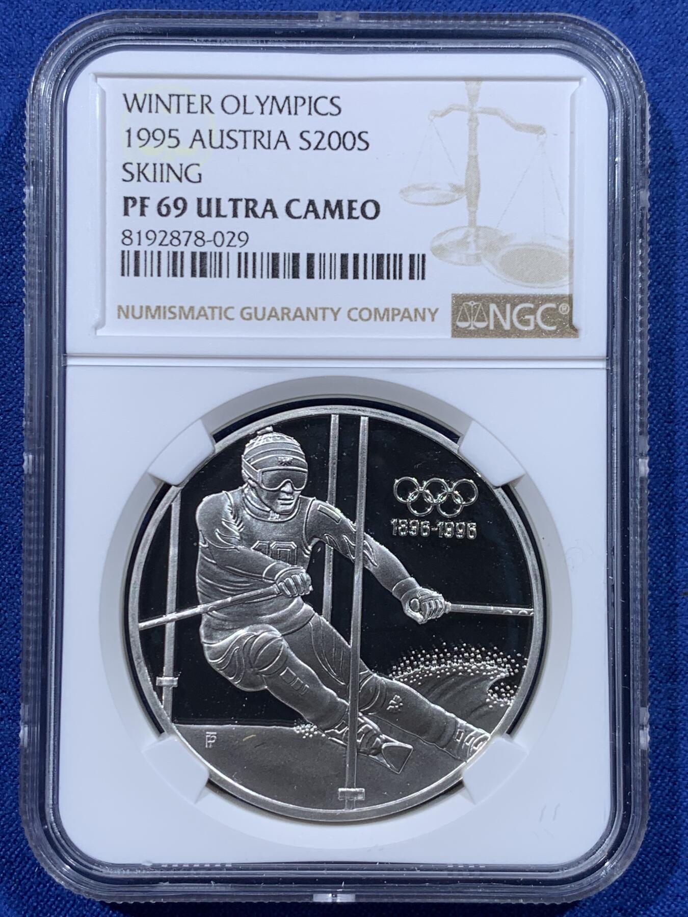 《竞宝斋》第444场 周日，周一，2场连拍 （全场包邮） NGC PF69UC 奥地利1995年冬奥会滑雪银币 克劳斯获奖 925银 33.6克