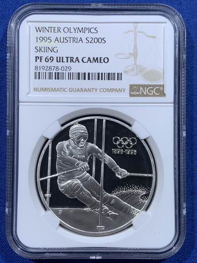 《竞宝斋》第444场 周日，周一，2场连拍 （全场包邮） - NGC PF69UC 奥地利1995年冬奥会滑雪银币 克劳斯获奖 925银 33.6克