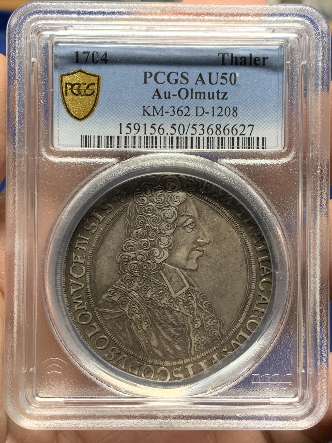 《竞宝斋》第444场 周日，周一，2场连拍 （全场包邮） PCGS AU50 神圣罗马帝国 波西米亚王国 奥尔穆茨主教区1704年泰勒大银币 原味深打 加厚盒装