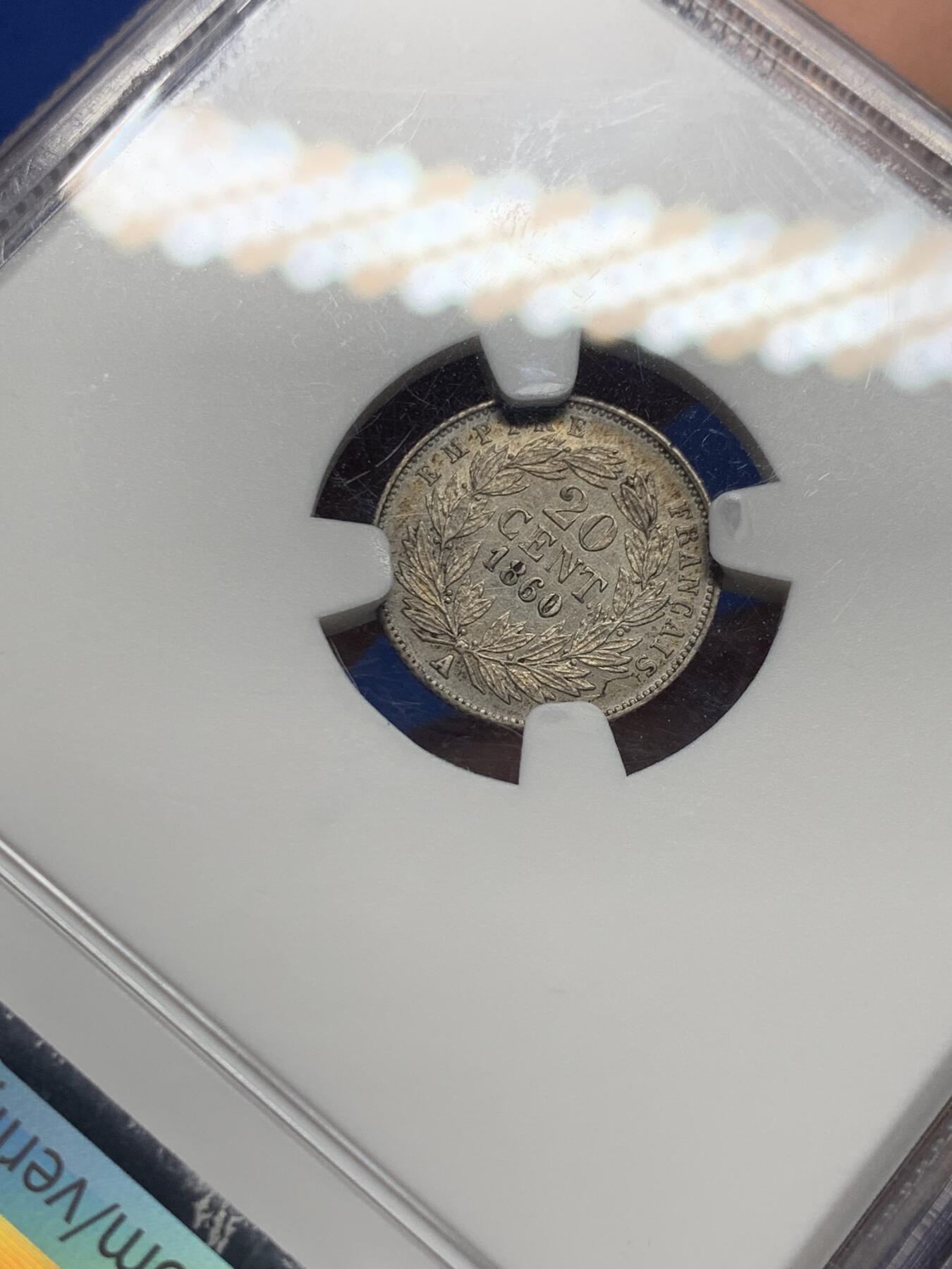 《竞宝斋》第444场 周日，周一，2场连拍 （全场包邮） NGC UNC 法国1860年拿破仑三世20分银币，好品小币种。