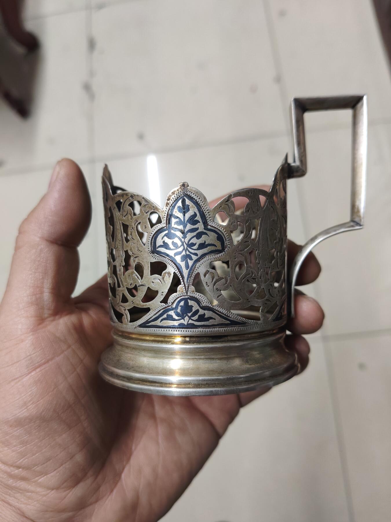 老银件 苏联乌银镶嵌老银制杯托4