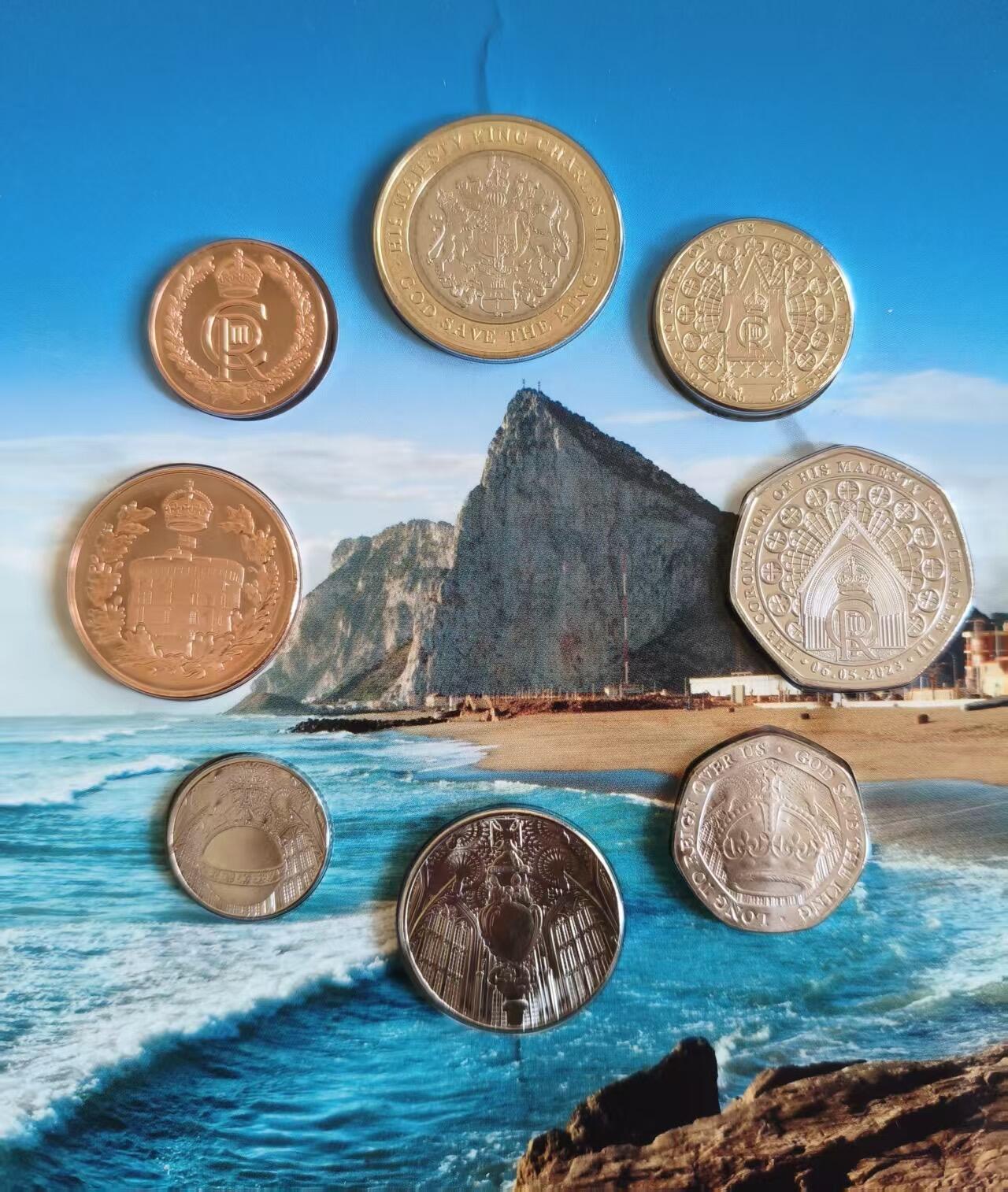 ❤️【币观天下】❤️ 第333期钱币拍卖- 2025.12.5周五晚上6点半场-长期征集拍品 稀少的直布罗陀2023年查尔斯三世头像第一套开门MS套币 1便士到5镑9枚