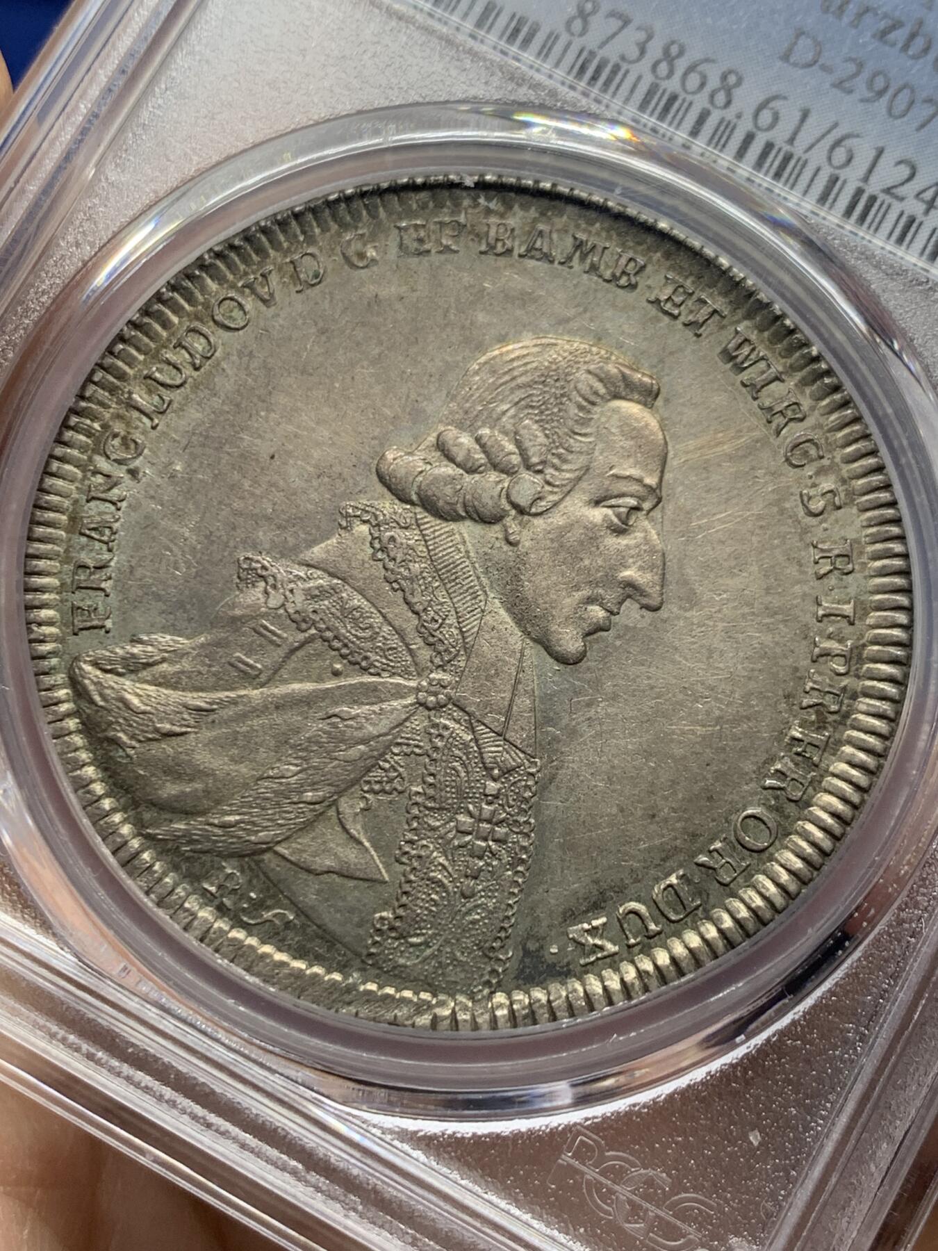 《竞宝斋》第444场 周日，周一，2场连拍 （全场包邮） PCGS MS61 维尔茨堡主教区 1791年 泰勒大银币 包浆自然 小天使鼻尖清晰 更高分只有3枚 确实不易