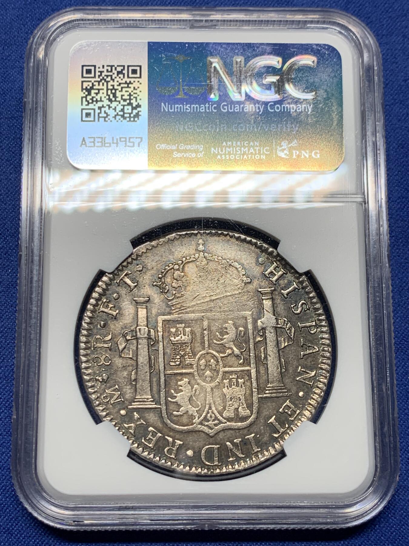 《竞宝斋》第444场 周日，周一，2场连拍 （全场包邮） NGC VFD 墨西哥 1801 MO FT/FM 卡四双柱银币，少见骑字版，彩也漂亮