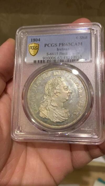 《竞宝斋》第444场 周日，周一，2场连拍 （全场包邮） PCGS PR63CAM 爱尔兰银行1804年乔治三世6先令银币，Cameo镜面底板美不胜收。