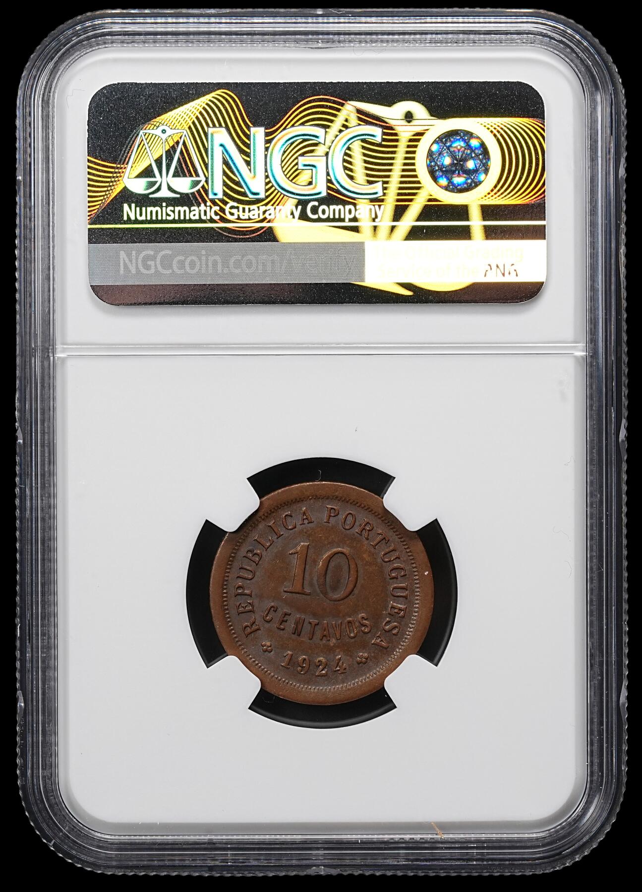 修遠堂世界钱币第九十六期 NGC AU55BN 1924年葡萄牙10分铜币 少见的年份