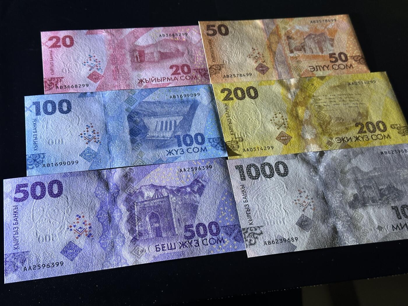 《外钞收藏家》第五百九十期（欧洲强钞、港币、硬通货及丰富裸币大拍场）（本平台长期征集拍品、欢迎藏友们联系合作） 吉尔吉斯坦20-1000面额 六张一起 全新UNC 全部是靓号尾9