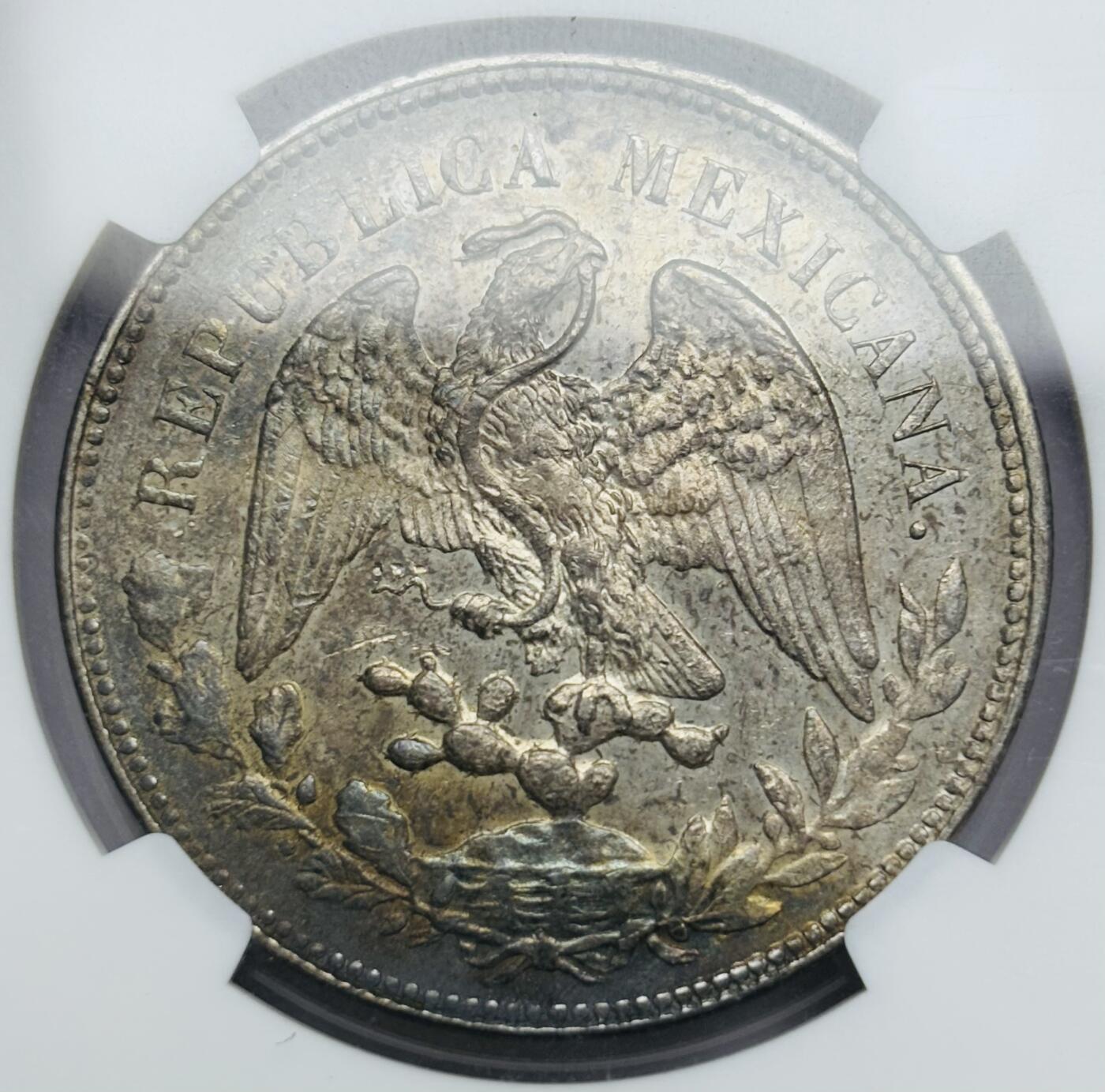 文馨钱币收藏第 283 场，【大雪鉴珍，寒英缀金】金银纪念币精品场，诚邀您的参与【长期接代拍品】 1900 年墨西哥鹰洋 1 比索大银元 NGC 评级 AU53 分，酱彩包浆