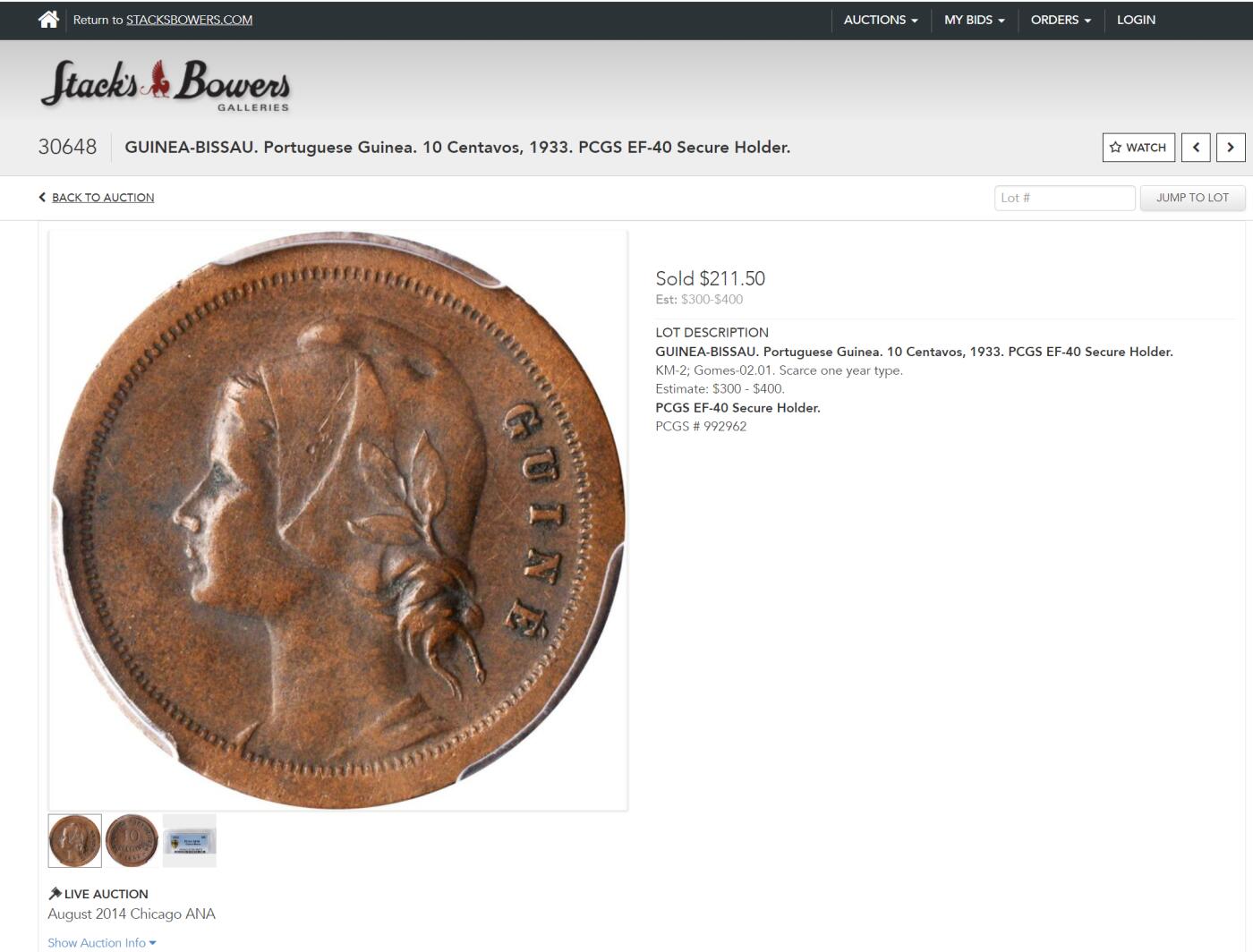 修遠堂世界钱币第九十六期 NGC AU50BN 1933年葡属几内亚比绍10分铜币 稀少品种 SBP XF40品成交价211美金