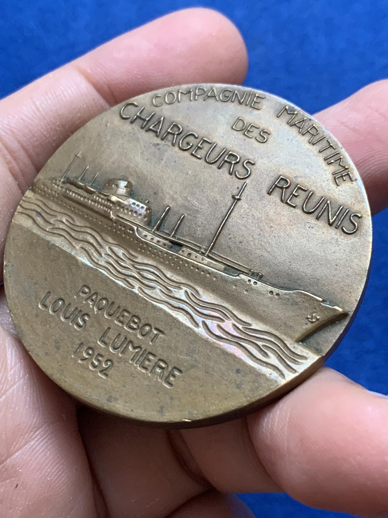 《竞宝斋》第444场 周日，周一，2场连拍 （全场包邮） 法国海事航运铜章 高浮雕 直径49.1mm 重量70.4g