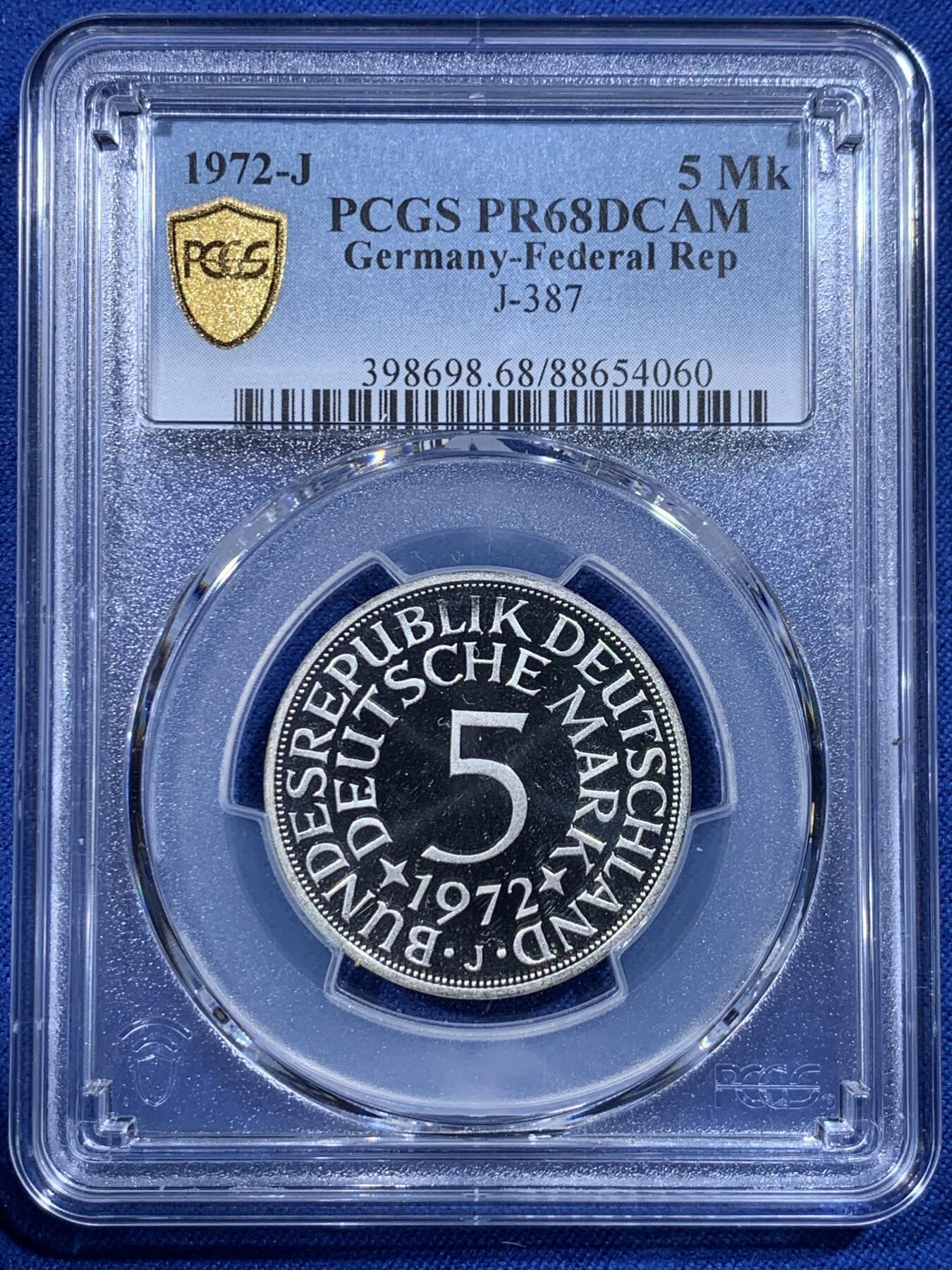 《竞宝斋》第444场 周日，周一，2场连拍 （全场包邮） 亚军分 PCGS RP68DCAM 德国 1972年 无毛鹰 流通5马克 精制银币 少见品种