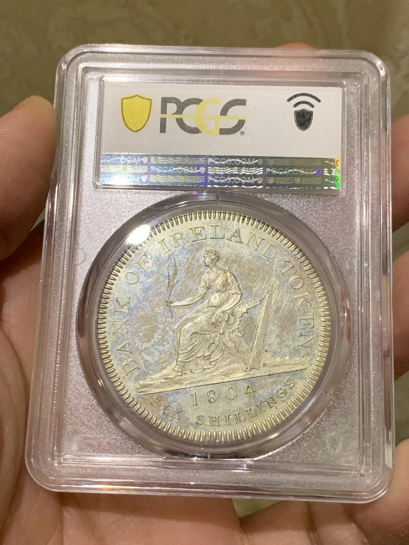 《竞宝斋》第444场 周日，周一，2场连拍 （全场包邮） PCGS PR63CAM 爱尔兰银行1804年乔治三世6先令银币，Cameo镜面底板美不胜收。