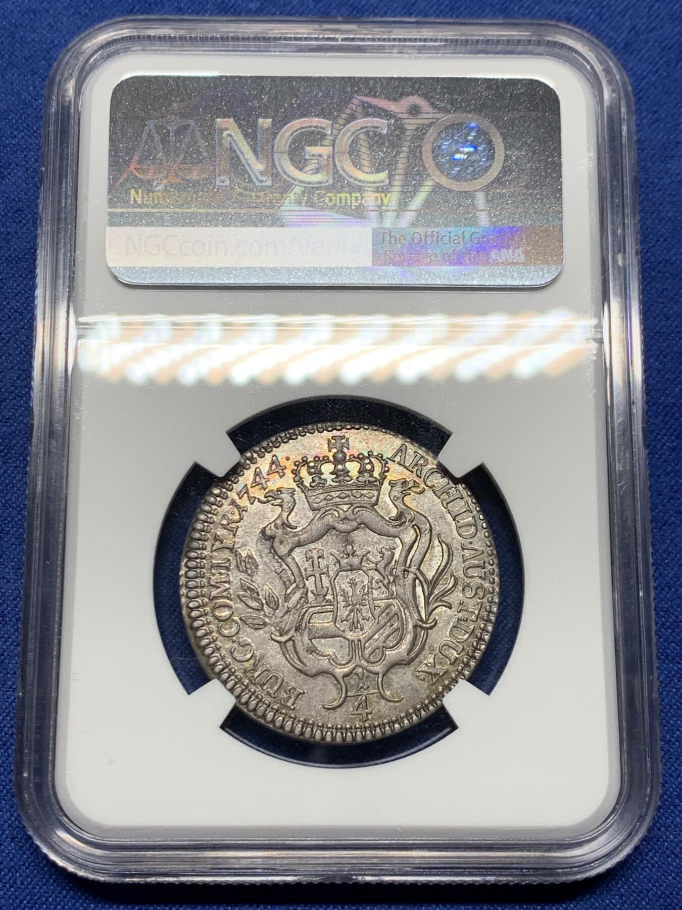 《竞宝斋》第444场 周日，周一，2场连拍 （全场包邮） NGC AU55 神圣罗马帝国1744年特蕾莎女王1/4泰勒银币  季军分，黄油原光包浆，严重低评，稀缺品种