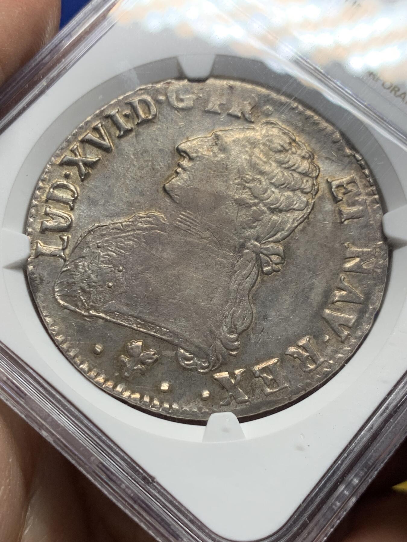 《竞宝斋》第444场 周日，周一，2场连拍 （全场包邮） NGC AU58 法国 1789年L 大革命年份 路易十六埃居大银币 打制不错 整体带光