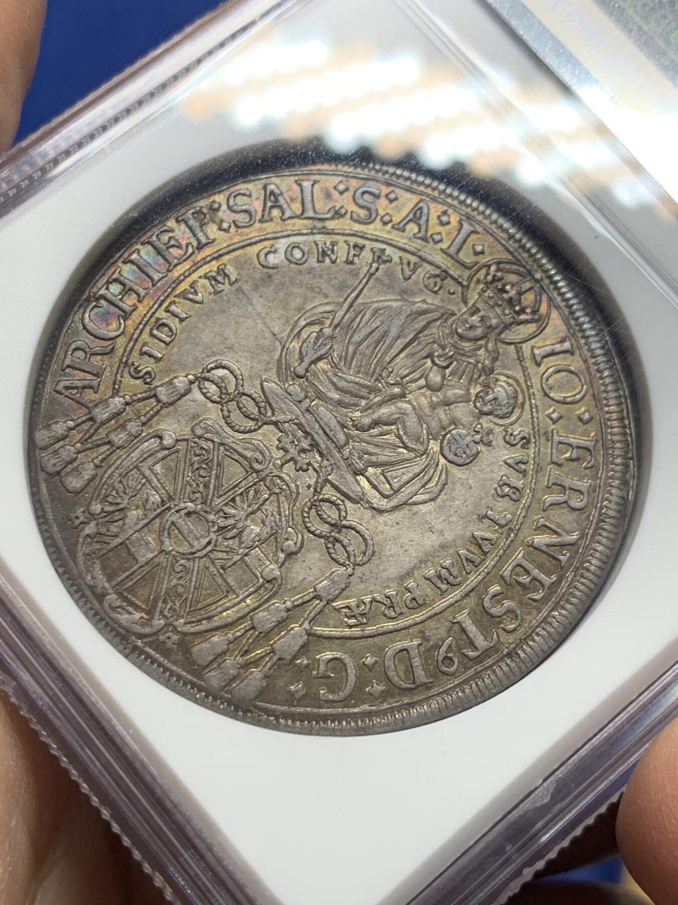 《竞宝斋》第444场 周日，周一，2场连拍 （全场包邮） NGC MS61 神罗萨尔茨堡1697年1泰勒银币，正面鲁伯特像，背面圣母抱婴，双面彩包浆，有点低评