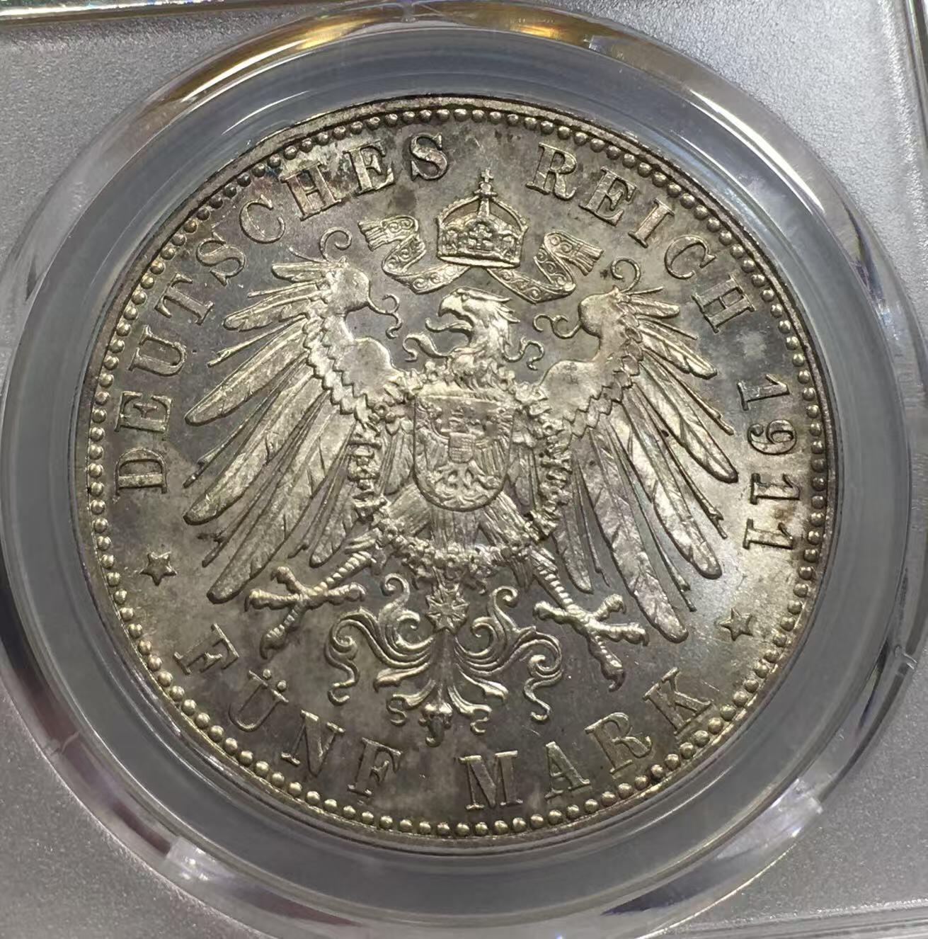 世界钱币专场拍卖 每周二开拍 PCGS MS63分1911年德国巴伐利亚柳特波德90大寿5马克银币