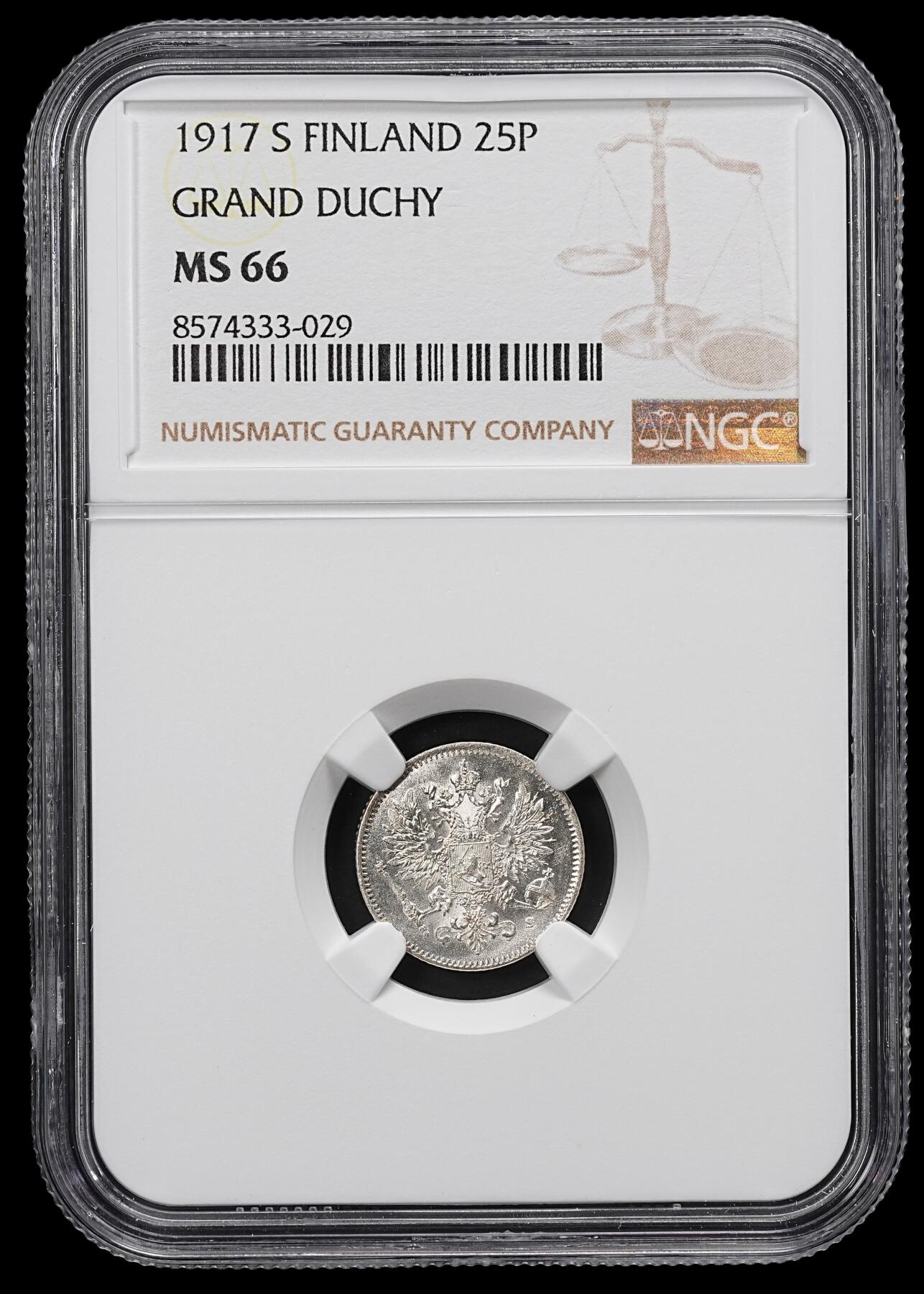 修遠堂世界钱币第九十六期 NGC MS66 1917年芬兰25盆尼银币