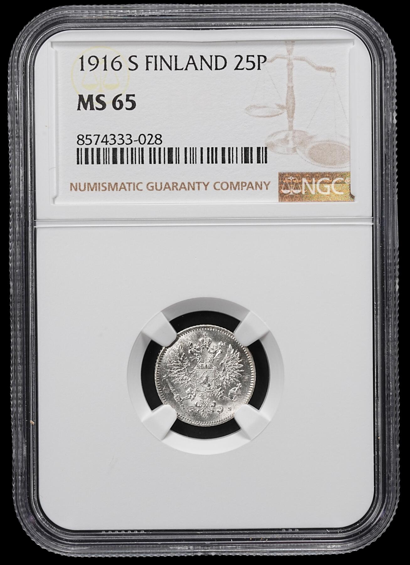 修遠堂世界钱币第九十六期 NGC MS65 1916年芬兰25盆尼银币
