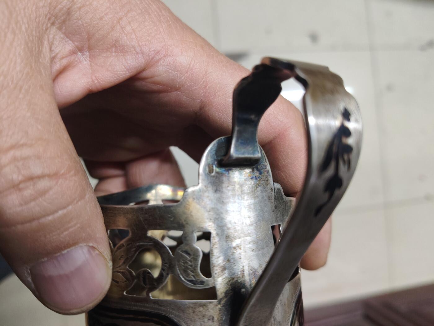 老银件 苏联乌银镶嵌老银制杯托2