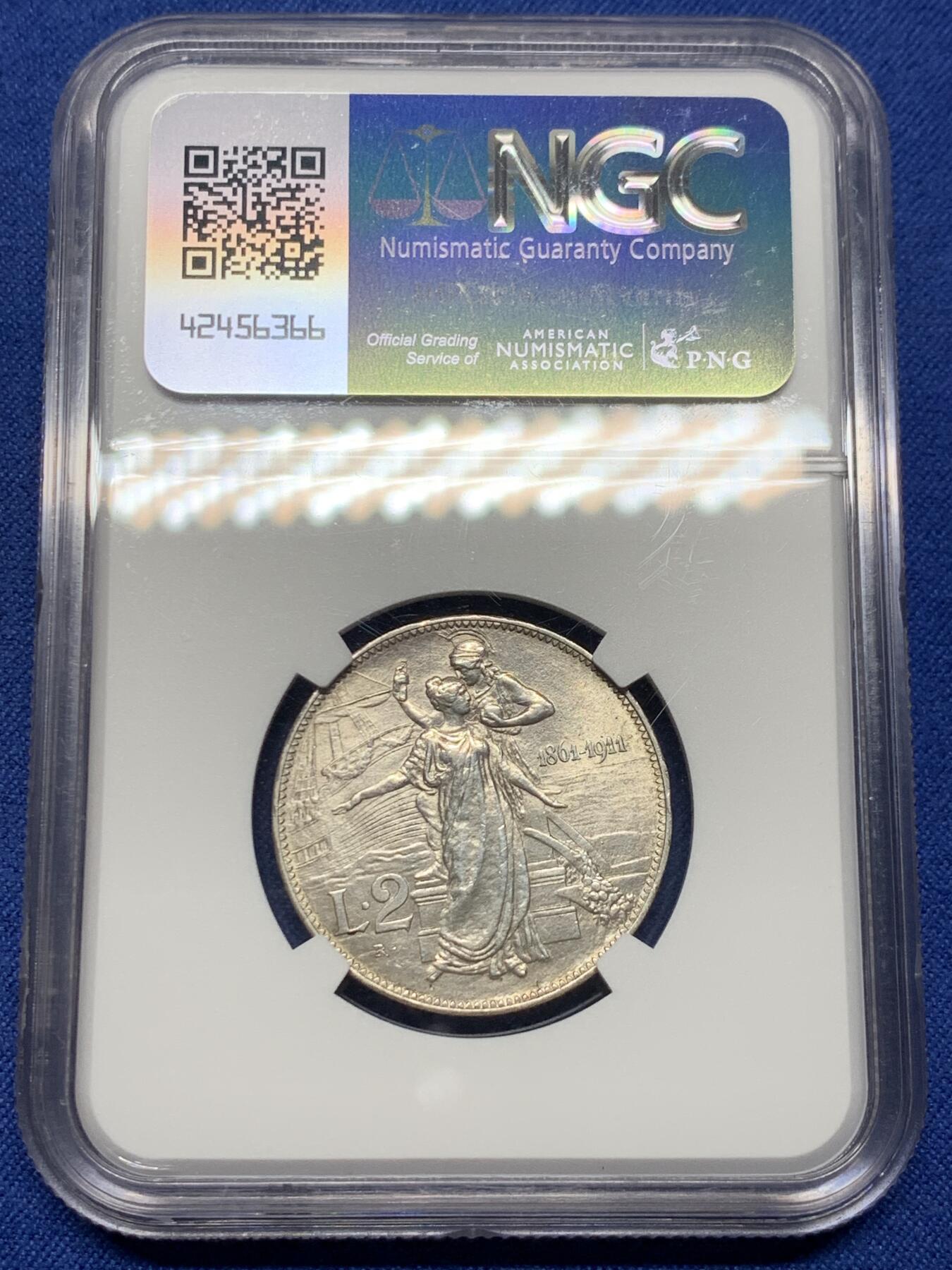 《竞宝斋》第444场 周日，周一，2场连拍 （全场包邮） NGC UNCD 意大利 1911年 2里拉建国纪念银币 经典品种 细节不错