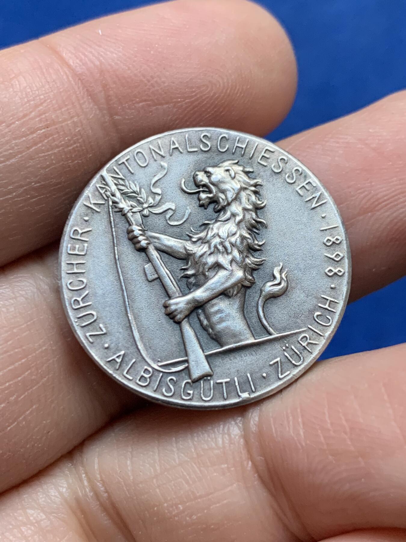 《竞宝斋》第444场 周日，周一，2场连拍 （全场包邮） 瑞士1898年射击节小银章，苏黎世美女雄狮，26.2MM，8.7克，R1777