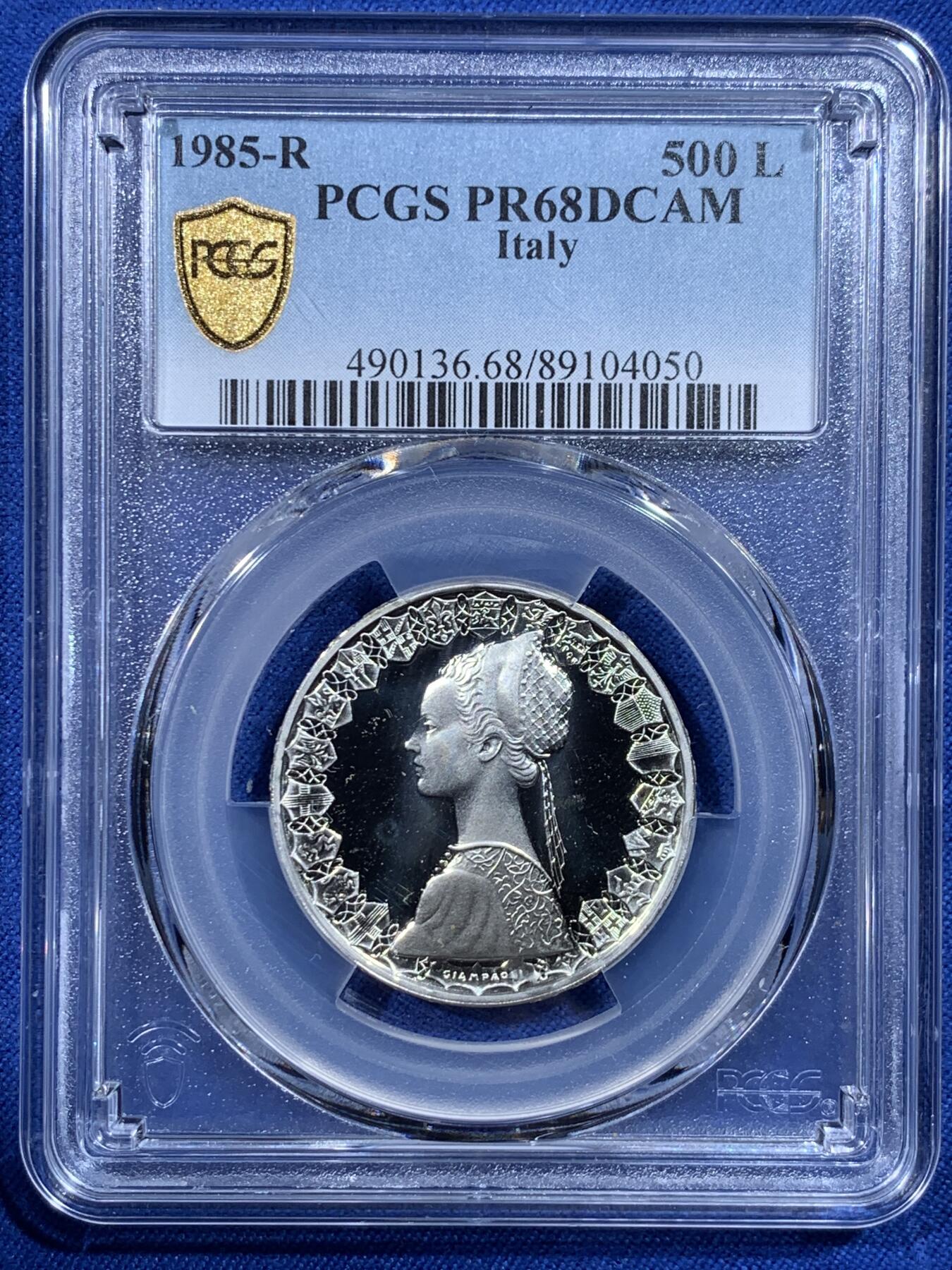 《竞宝斋》第444场 周日，周一，2场连拍 （全场包邮） 亚军分 PCGS PR68DCAM 意大利 1985年 帆船少女 精制500里拉银币 首年发行的精制 镜面光十足